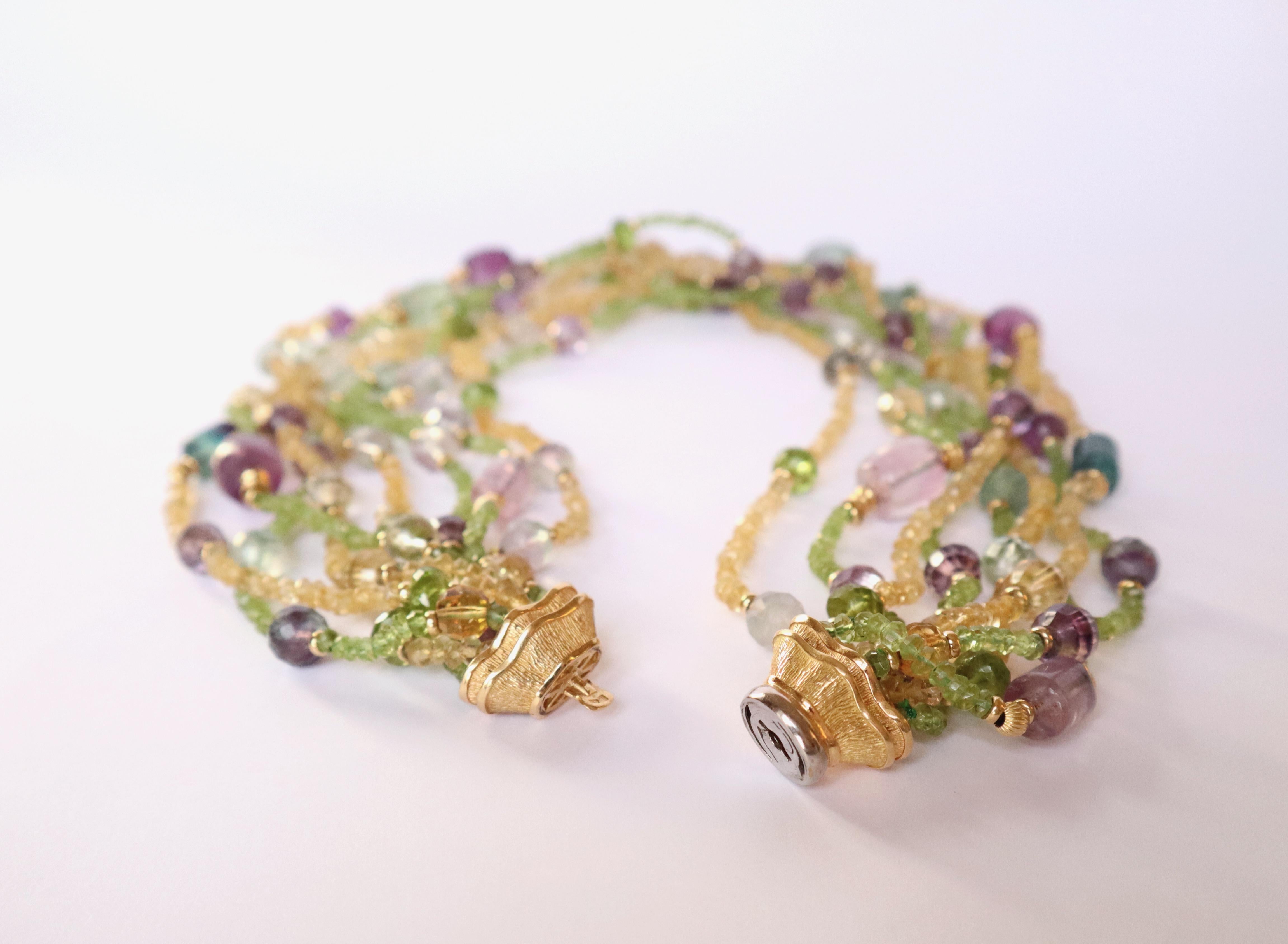 Multi Strand Necklace 18 Kt Yellow Gold Amethyst Peridot Citrine For Sale 4