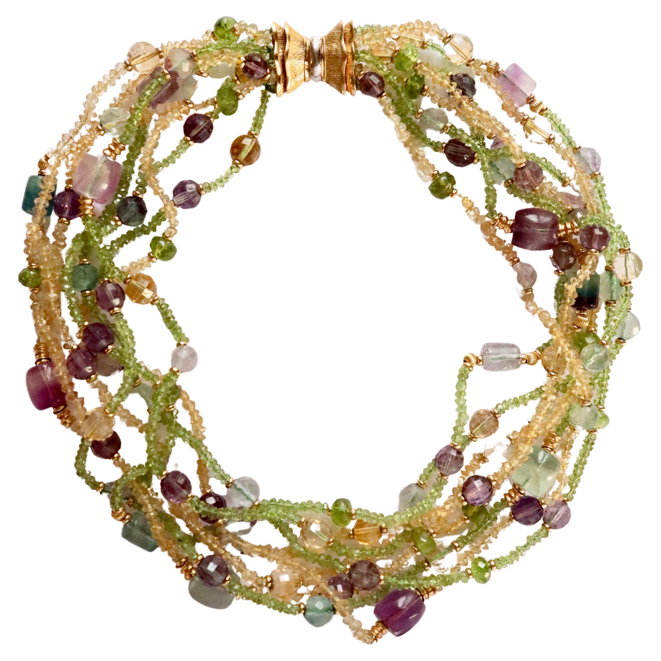 Mehrstrangige Halskette aus 18 Karat Gelbgold mit Amethyst, Peridot und Citrin im Angebot
