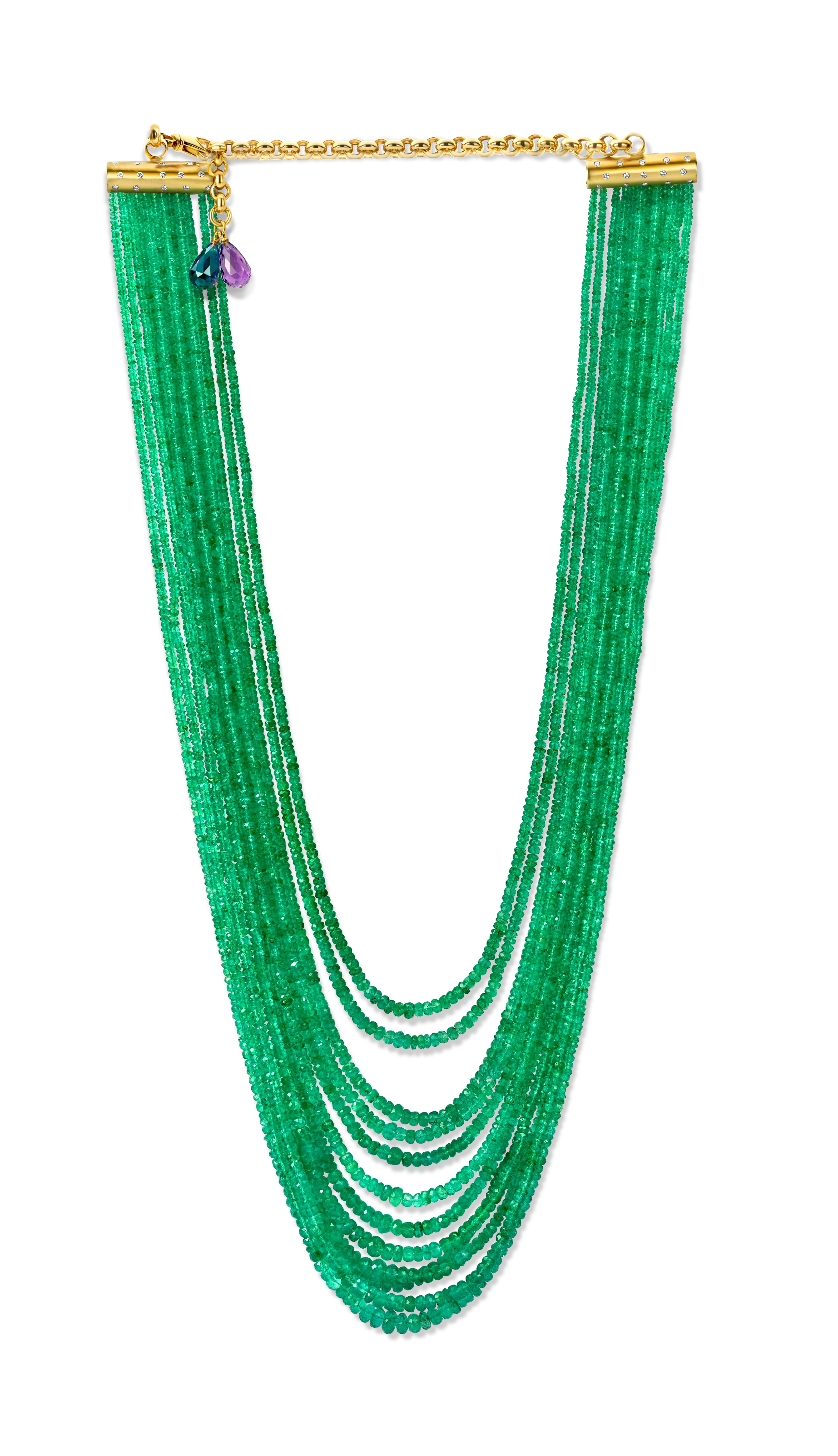 Mehrstrangige Halskette 450 Karat kolumbianische facettierte Smaragde CGL zertifiziert & Amethyst  im Angebot 4