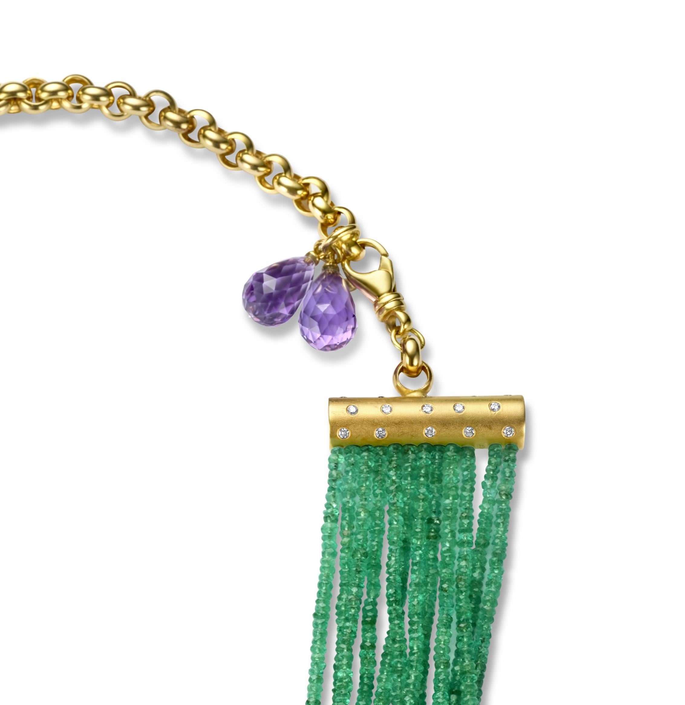 Multi Strand Necklace 450 Ct Columbia Faceted Emeralds Cgl Certified & Amethyst  In New Condition For Sale In Antwerp, BE