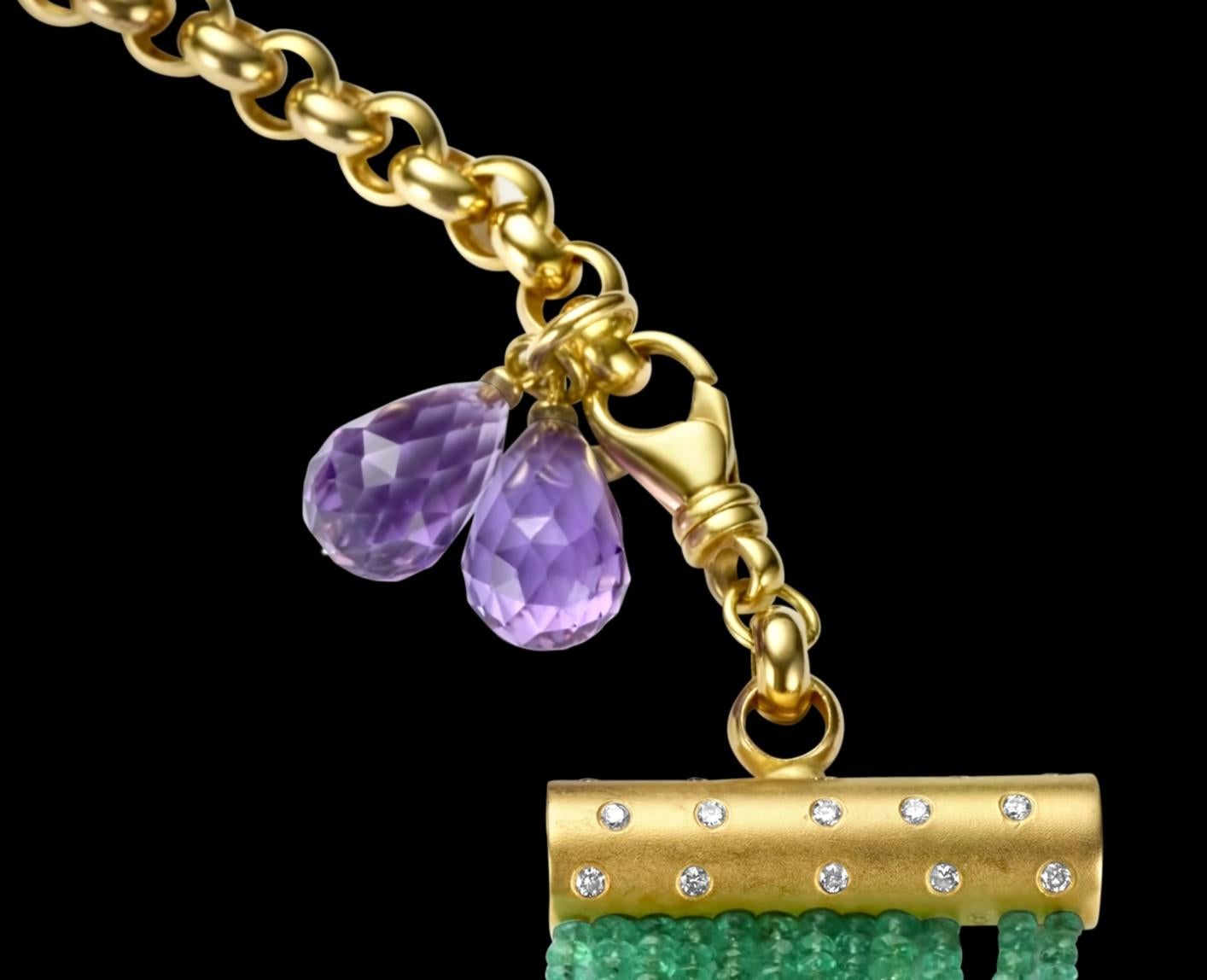 Mehrstrangige Halskette 450 Karat kolumbianische facettierte Smaragde CGL zertifiziert & Amethyst  im Angebot 1