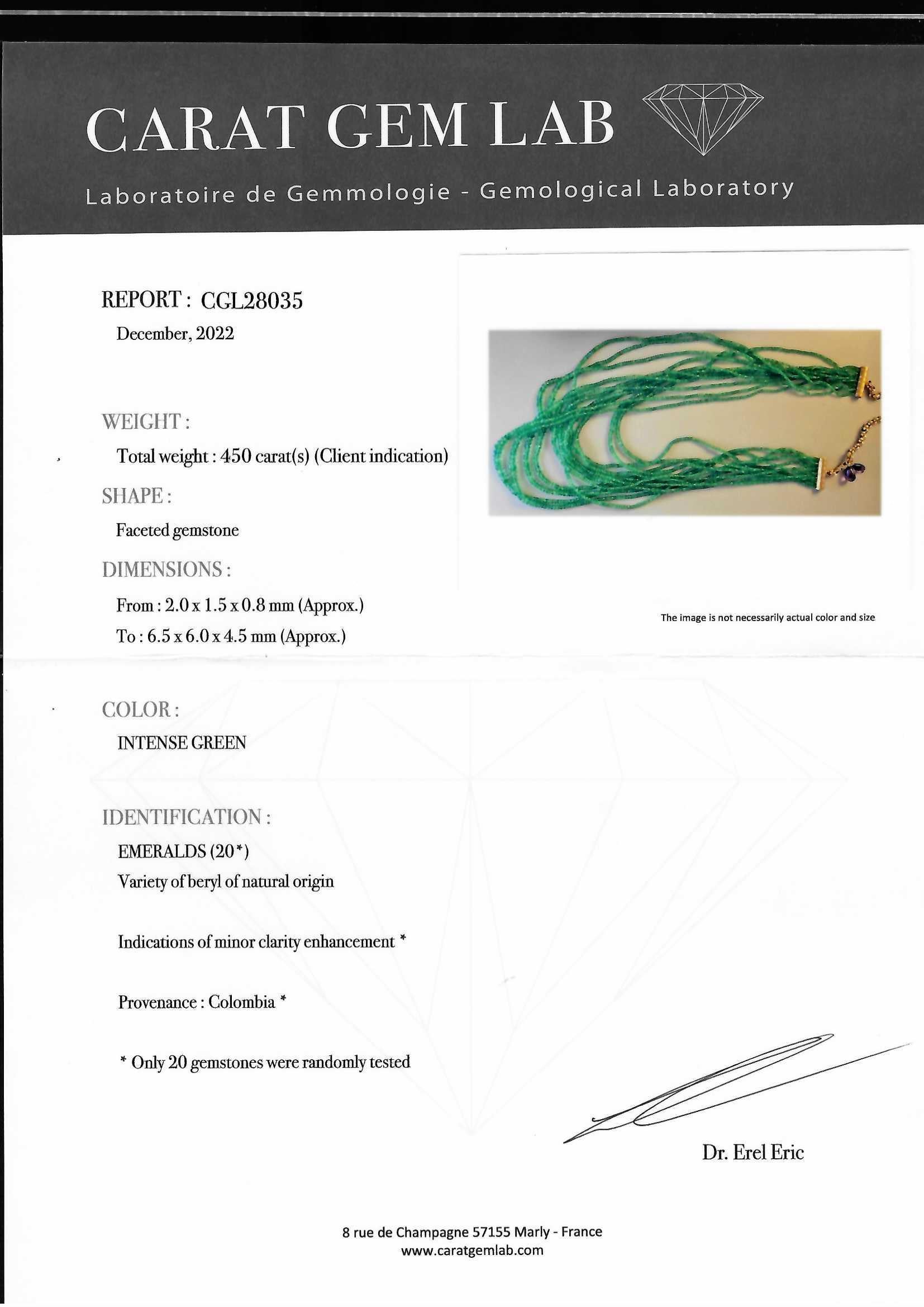 Mehrstrangige Halskette 450 Karat kolumbianische facettierte Smaragde CGL zertifiziert & Amethyst  im Angebot 3
