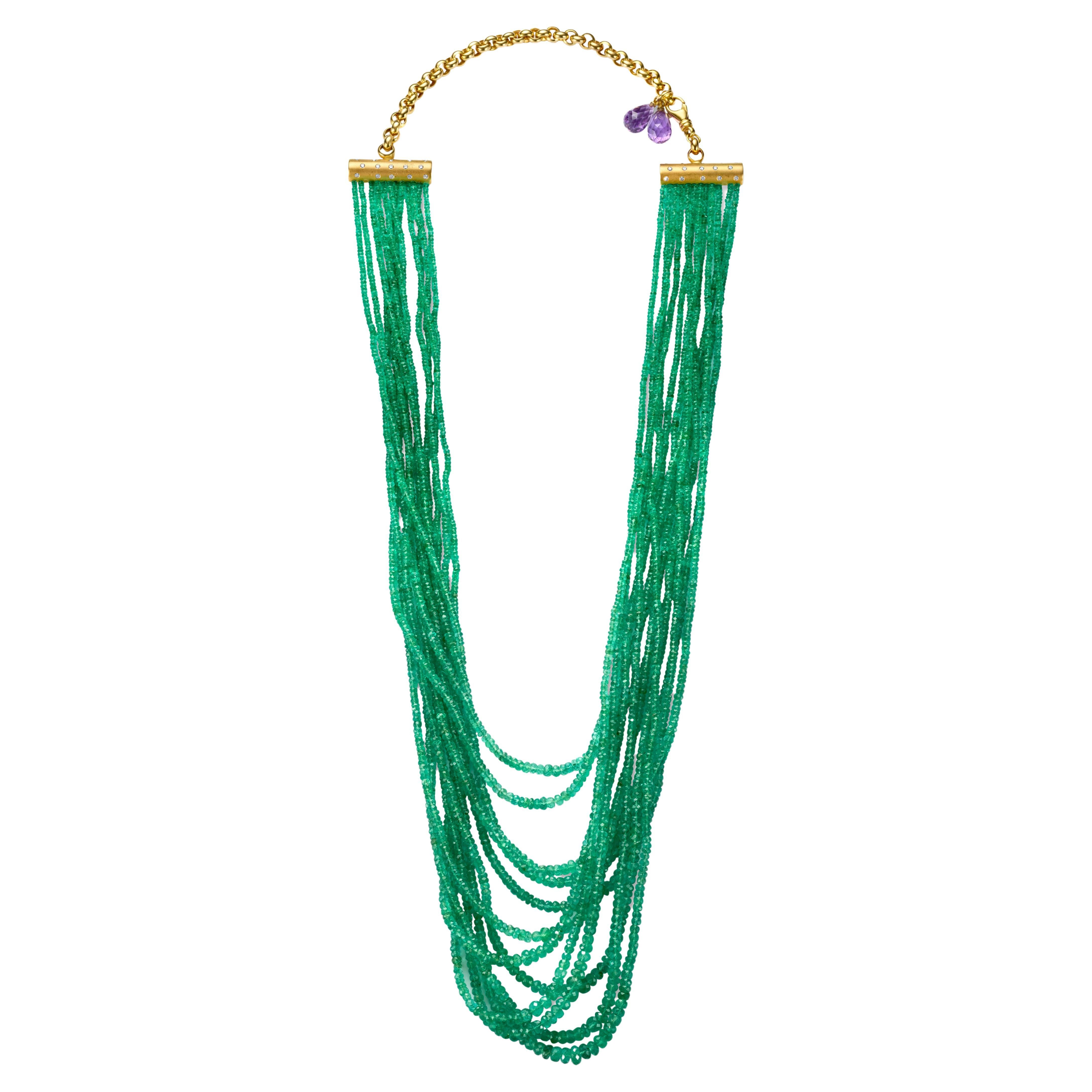 Mehrstrangige Halskette 450 Karat kolumbianische facettierte Smaragde CGL zertifiziert & Amethyst  im Angebot