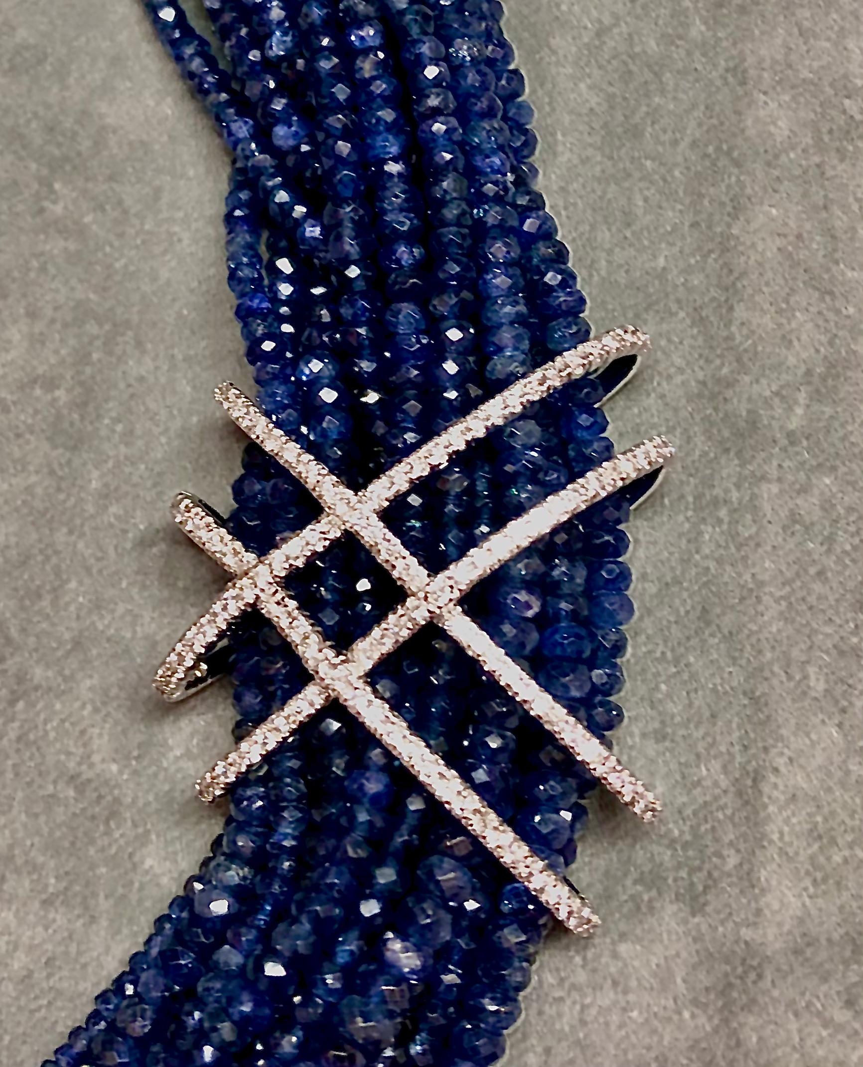 Brilliant Cut Multi strand necklace/choker of deep blue faceted sapphires and diamonds.