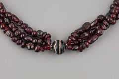 Multi Strand Necklace of Ancient Garnet Beads with Banded Agate and Silver