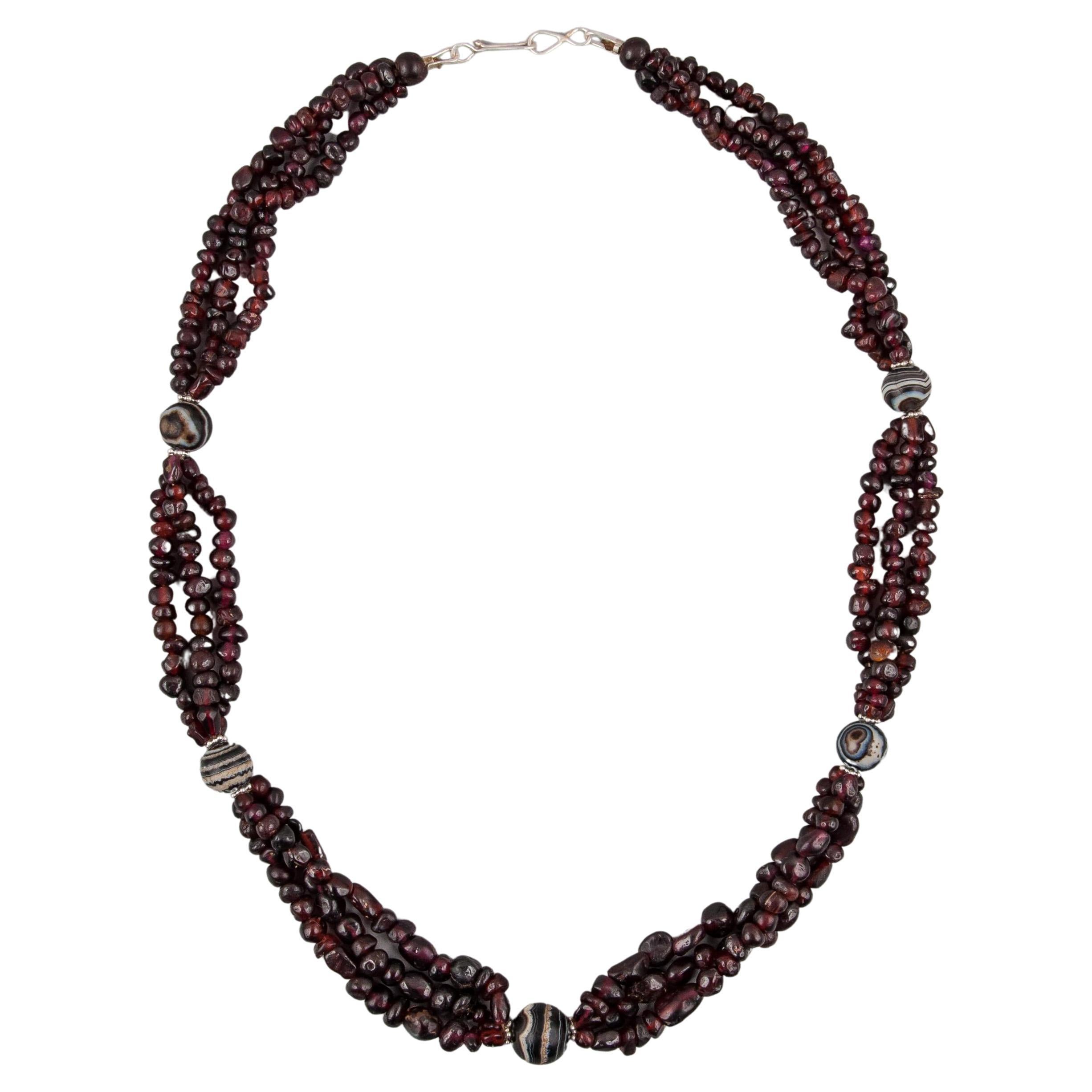 Multi Strand Necklace of Ancient Garnet Beads with Banded Agate and Silver For Sale