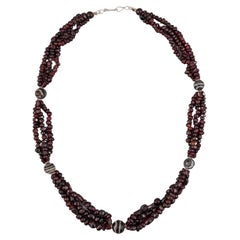 Multi Strand Necklace of Ancient Garnet Beads with Banded Agate and Silver