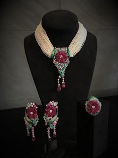 Multi-Strand Necklace Pink Rubelite Emerald Diamonds Tourmalines Pearls
