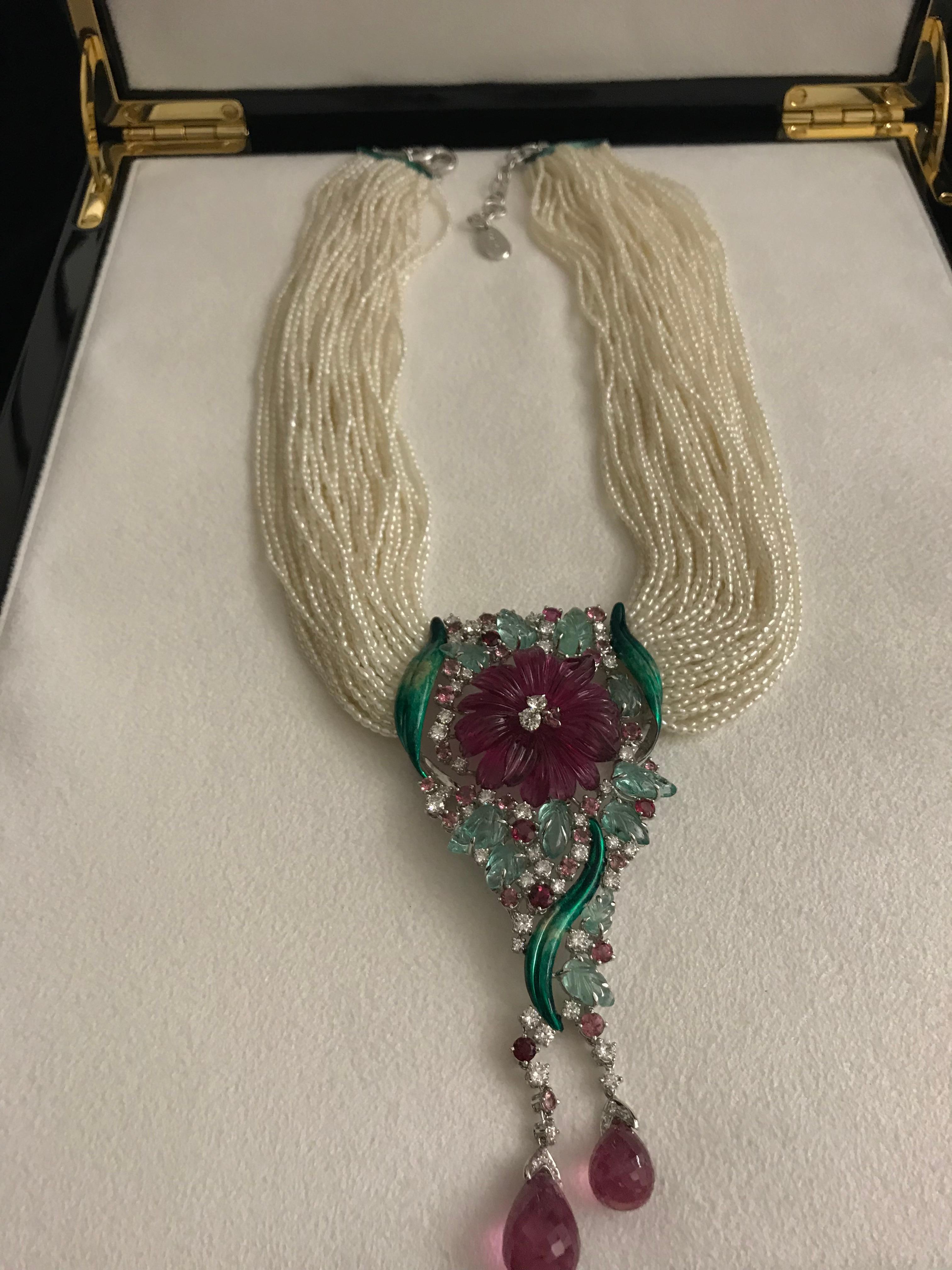 Multi-Strand Necklace Pink Rubelite Emerald Diamonds Tourmalines Pearls In New Condition For Sale In Milan, IT