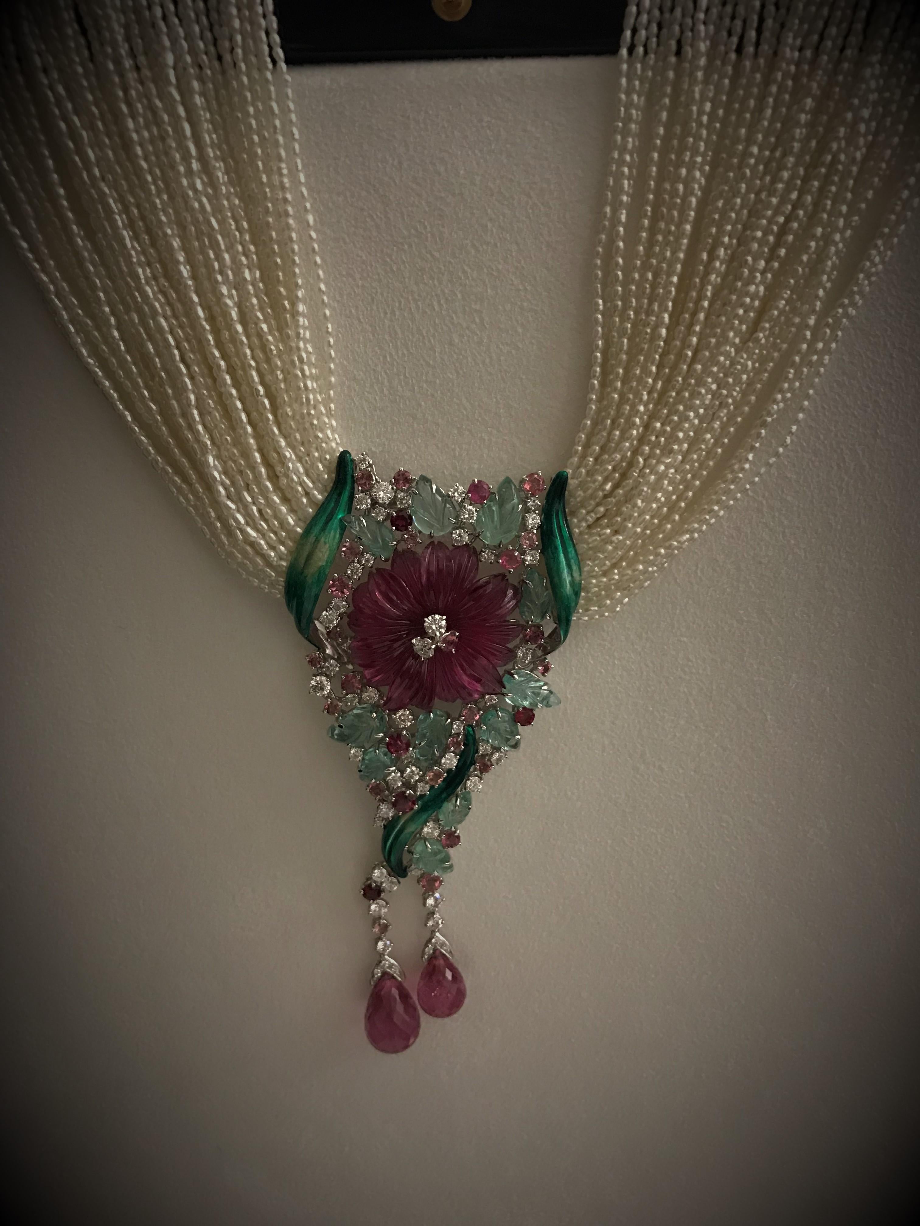 Women's Multi-Strand Necklace Pink Rubelite Emerald Diamonds Tourmalines Pearls For Sale