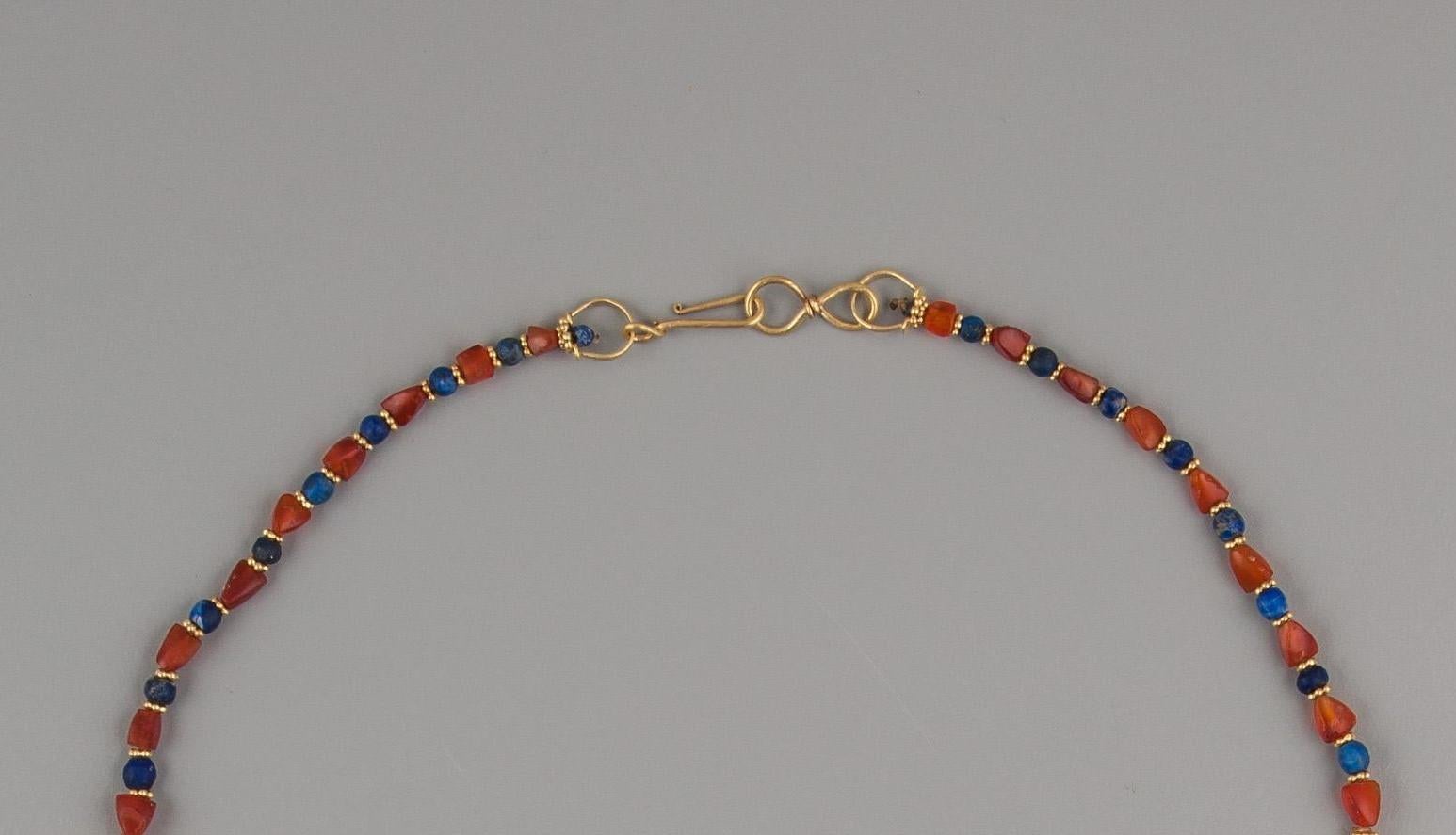 Artist Multi Strand Necklace with 20k Gold Beads, Ancient Lapis Lazuli and Carnelian For Sale