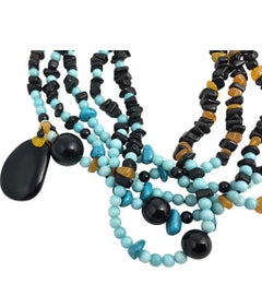 Multi Strand Onyx Amber Turquoise Bead Necklace