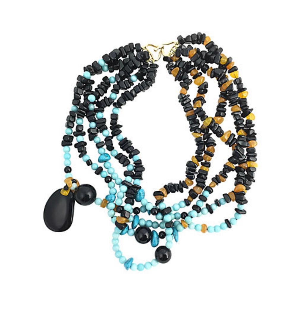Multi Strand Onyx Amber Turquoise Bead Necklace In Good Condition In Miami Beach, FL