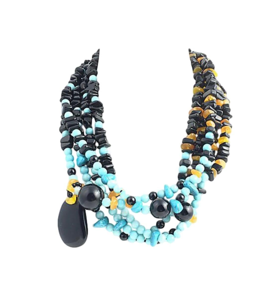 Women's or Men's Multi Strand Onyx Amber Turquoise Bead Necklace
