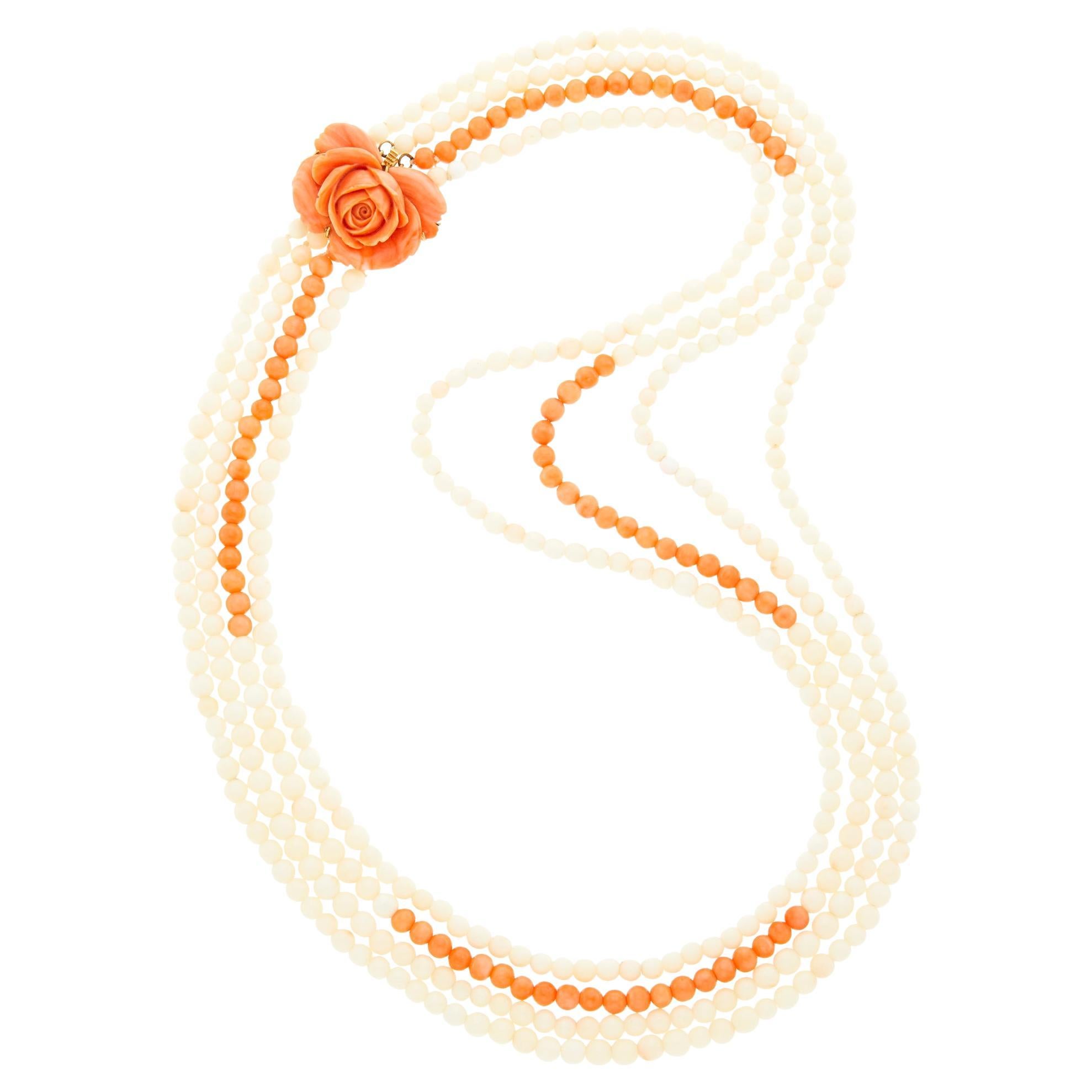 Multi Strand Orange White Coral Bead Necklace with Carved Coral Flower Clasp