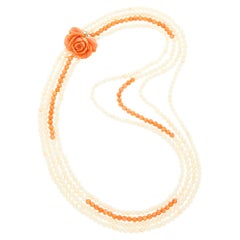 Multi Strand Orange White Coral Bead Necklace with Carved Coral Flower Clasp