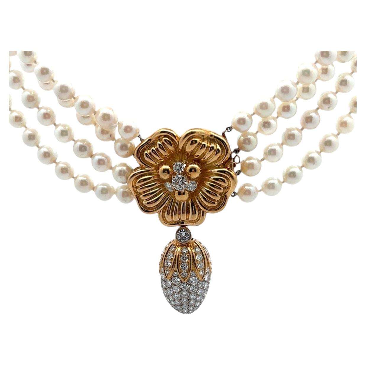Multi Strand Pearl and Diamond Choker Necklace For Sale
