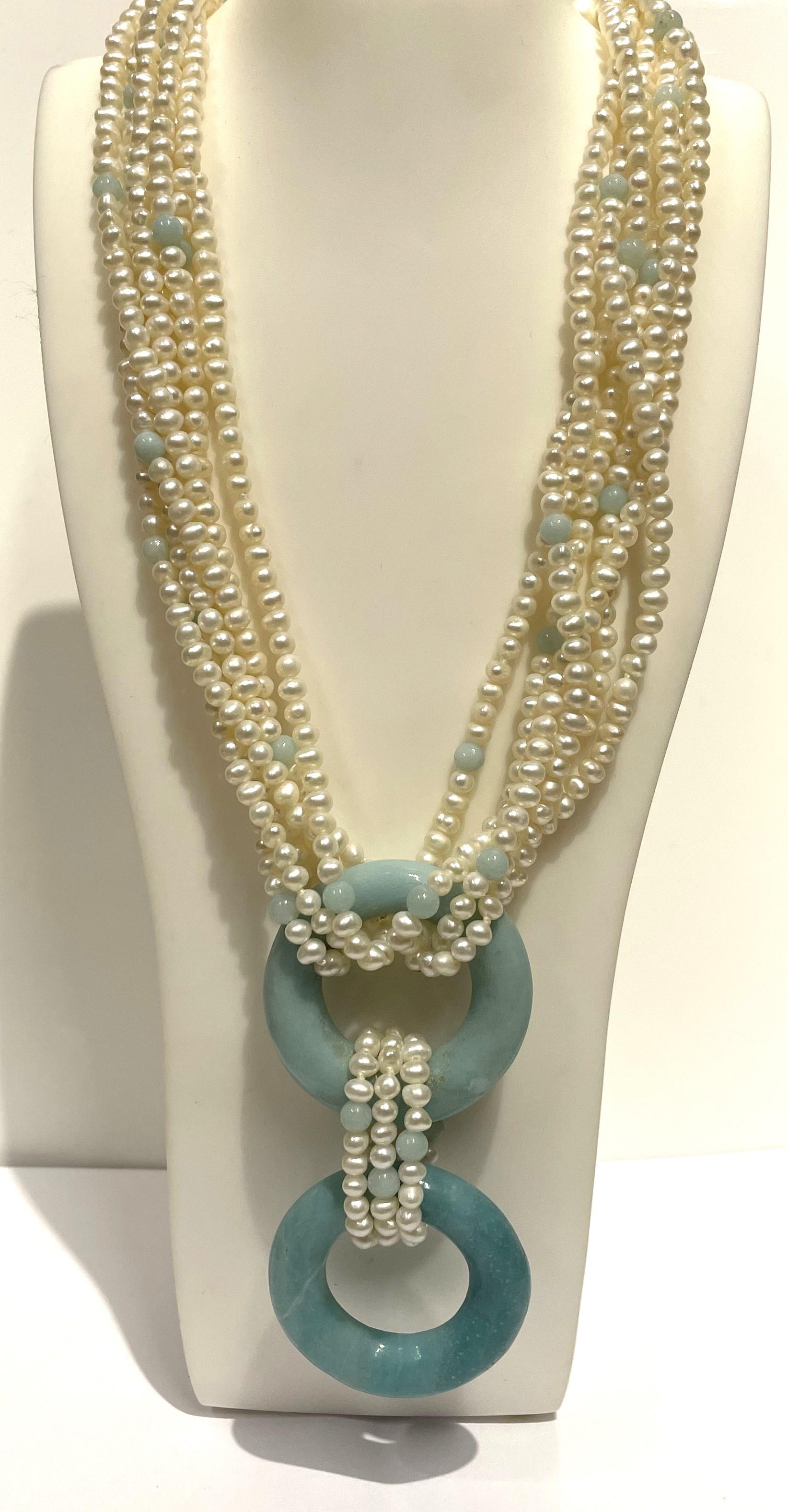 Round Cut Multi-Strand Pearl and Turquoise Necklace  For Sale