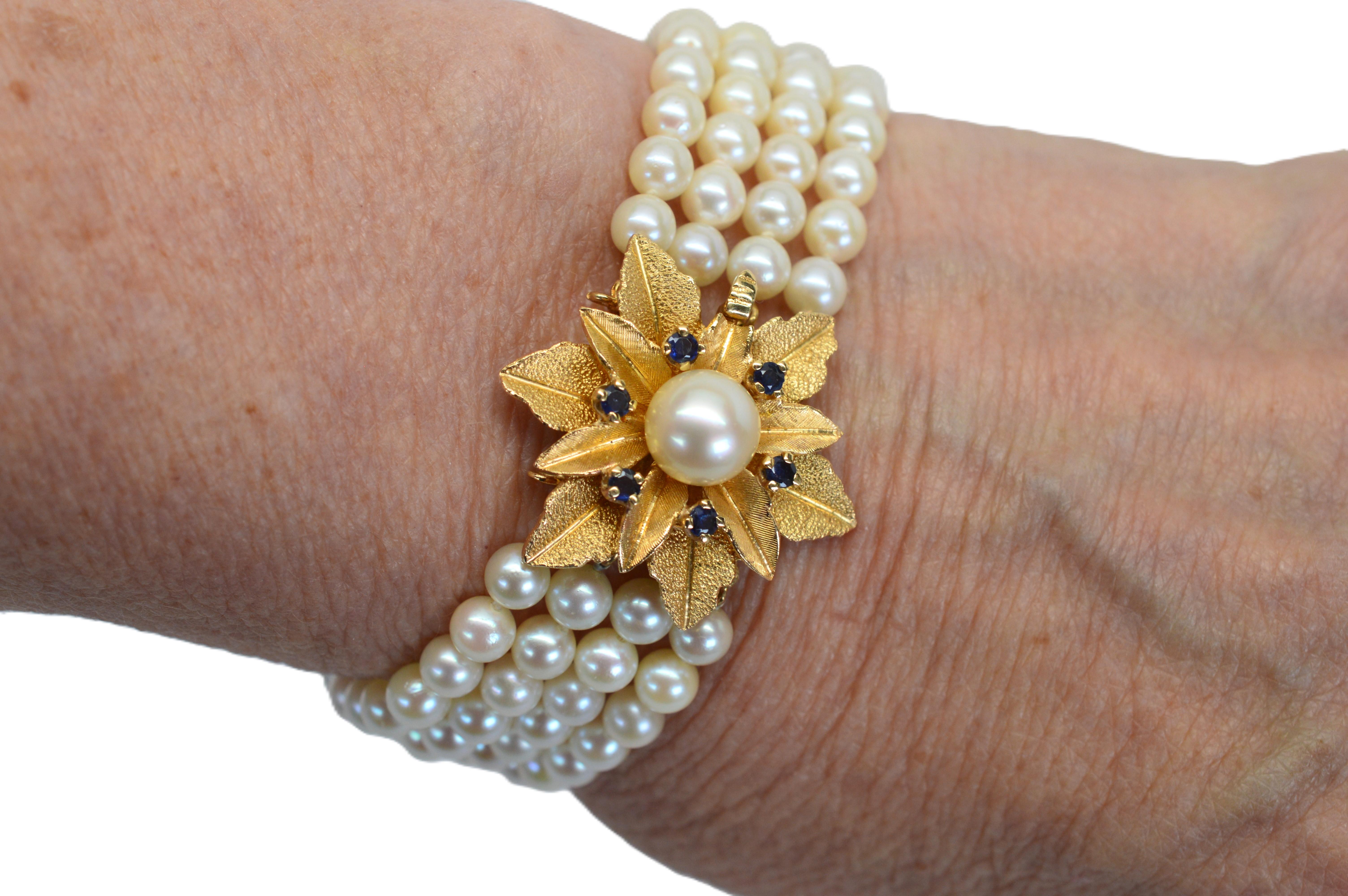 Mehrstrangiges Perlenarmband mit 14K Gold & Saphir-Blumenschliff-Verschluss im Angebot 6