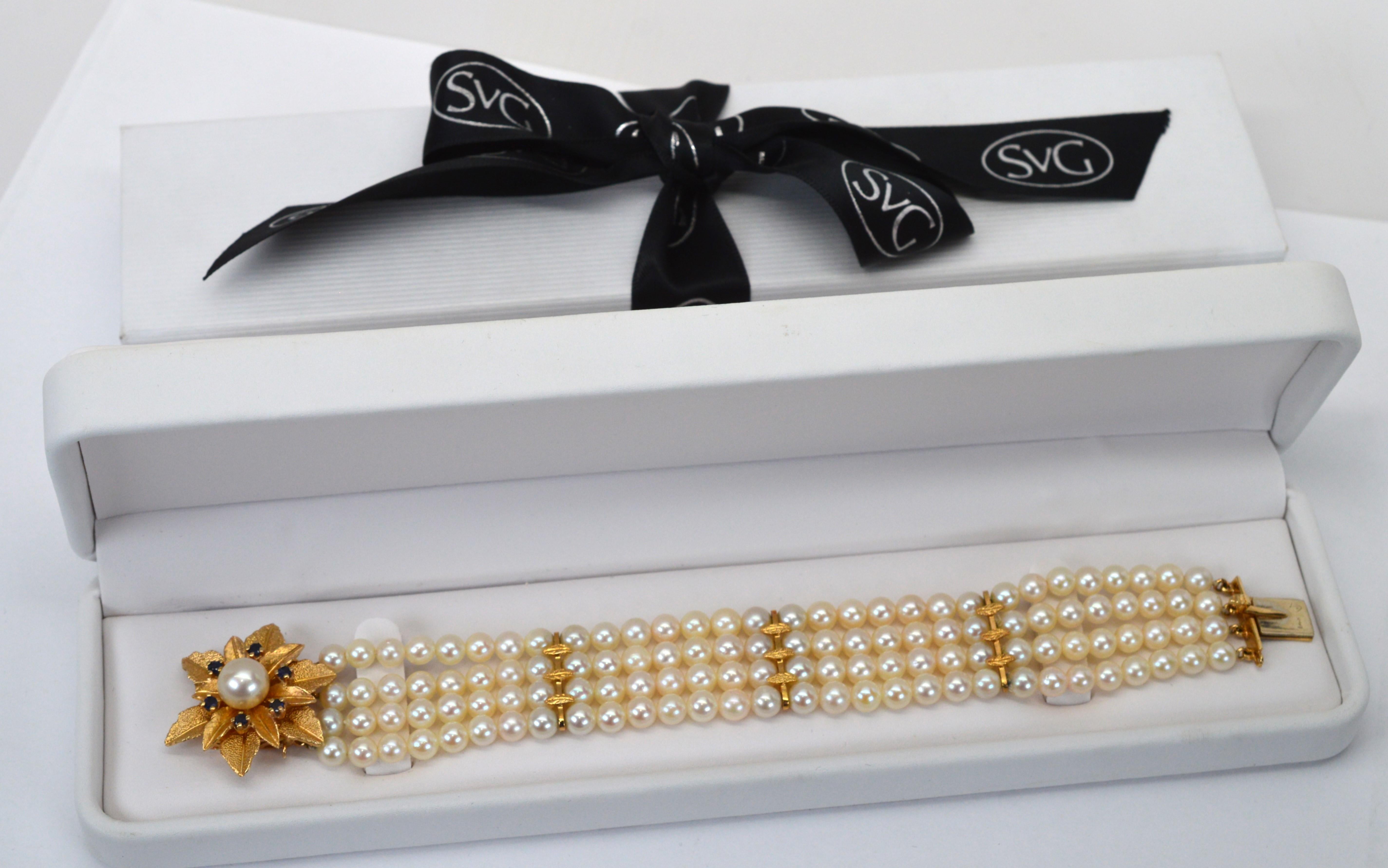 Mehrstrangiges Perlenarmband mit 14K Gold & Saphir-Blumenschliff-Verschluss im Angebot 8