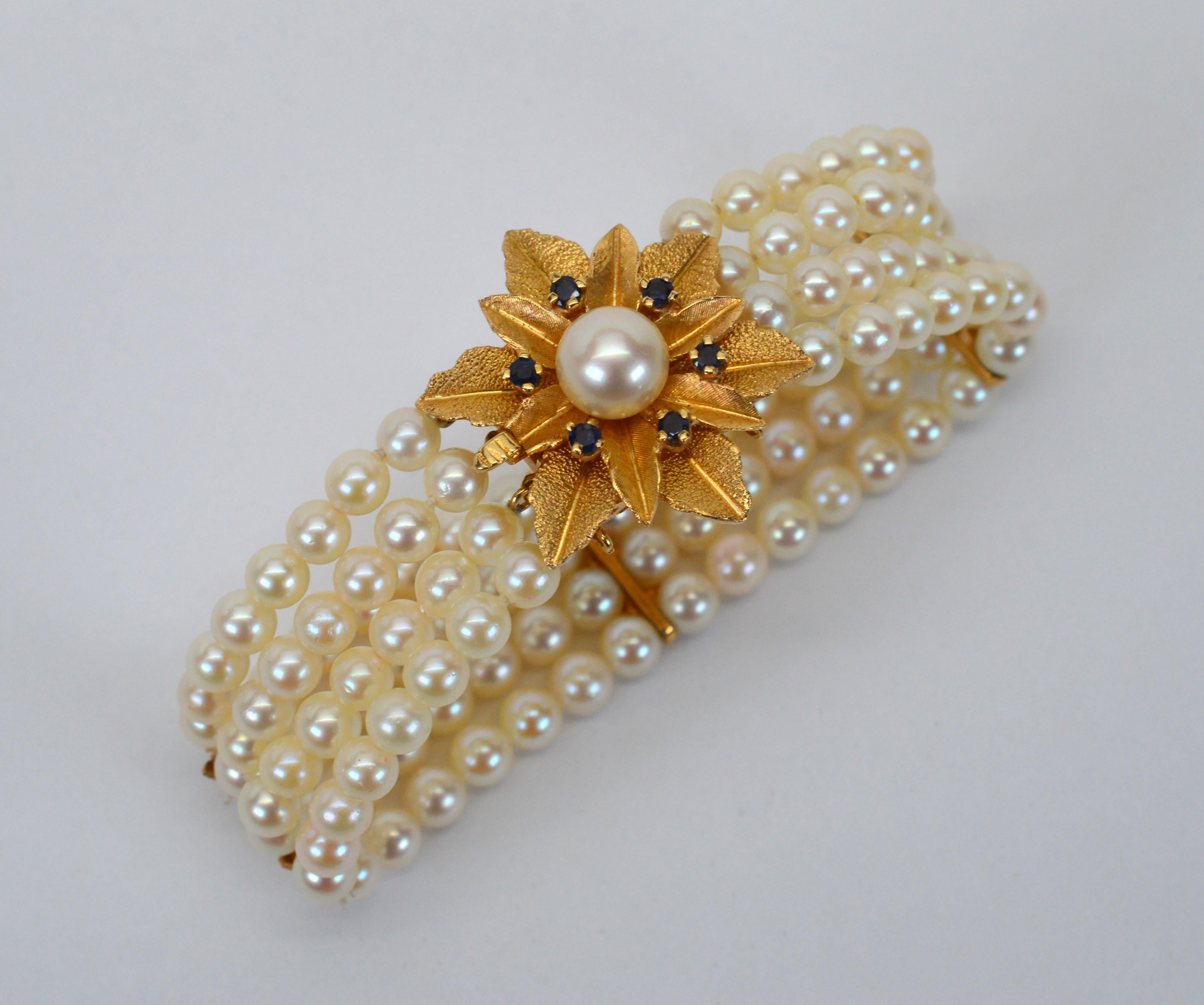 Mehrstrangiges Perlenarmband mit 14K Gold & Saphir-Blumenschliff-Verschluss im Angebot 7