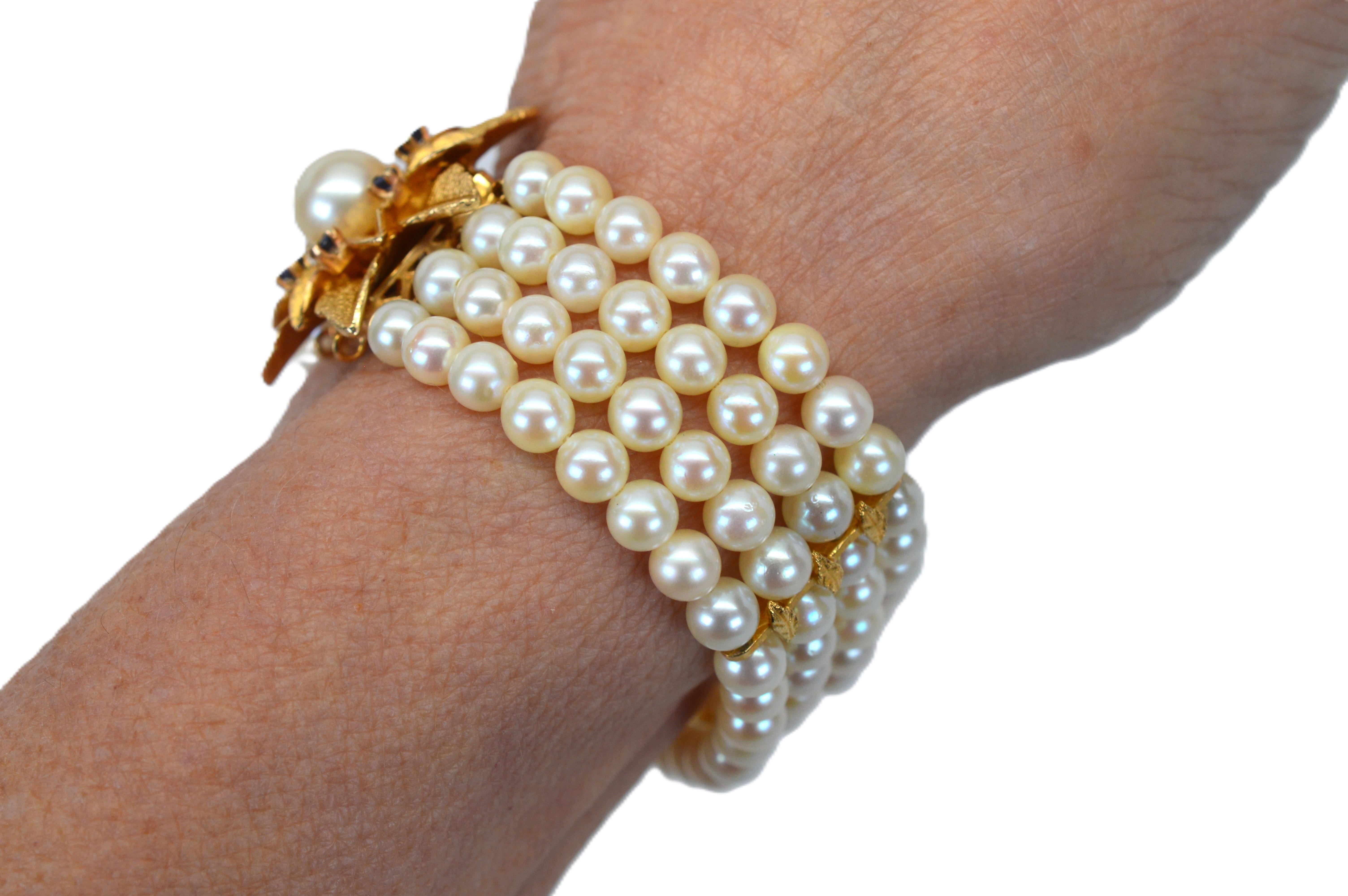 Mehrstrangiges Perlenarmband mit 14K Gold & Saphir-Blumenschliff-Verschluss im Angebot 4