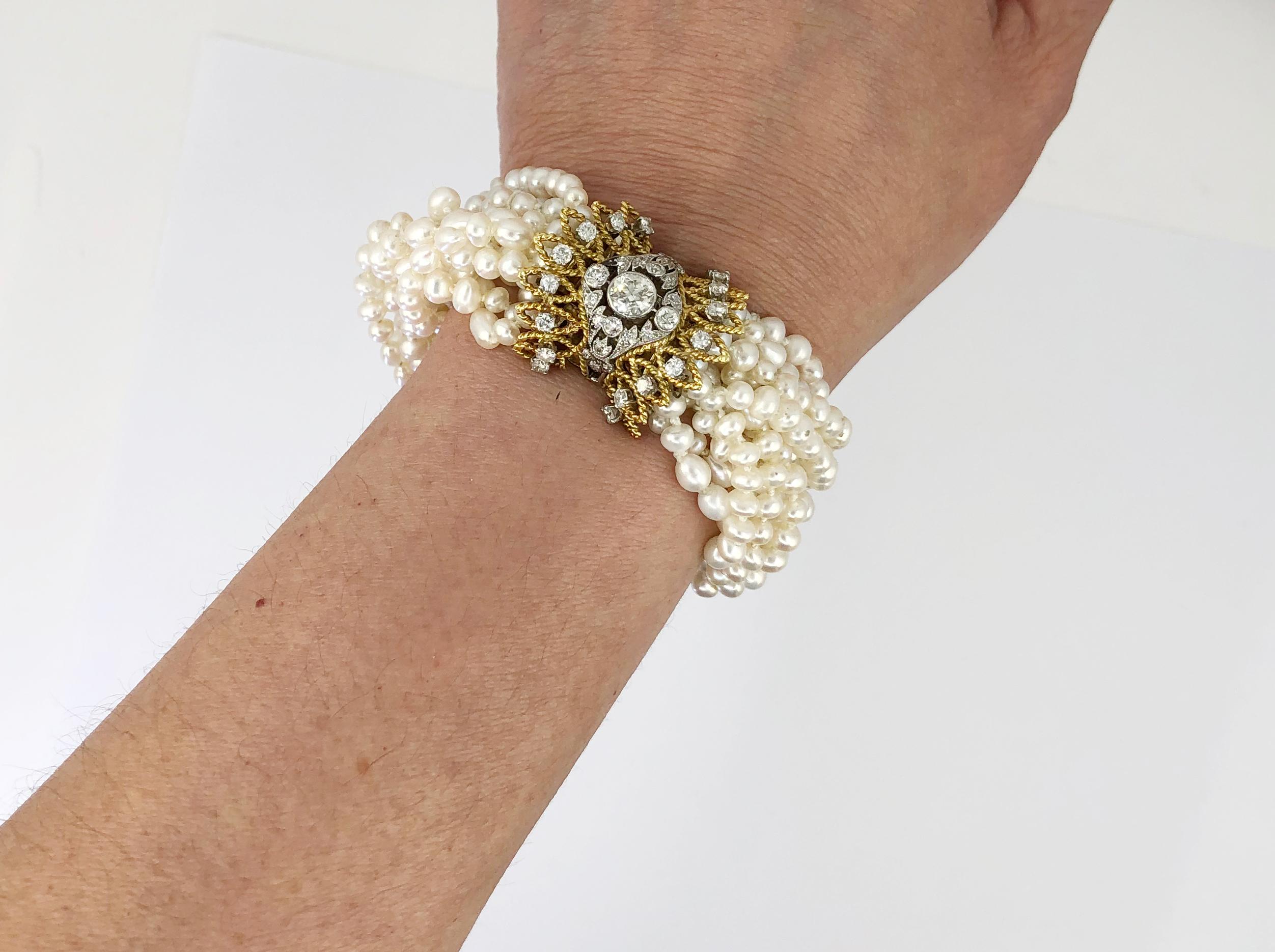 Zwei-Ton-Gold Diamant und alle natürlichen Perle Armband. Ca. 1970er Jahre.
Maße: ca. 6,75
