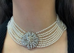 Multi Strand Pearl & Diamond Choker Necklace