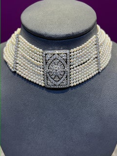 Multi Strand Pearl & Diamond Choker Necklace