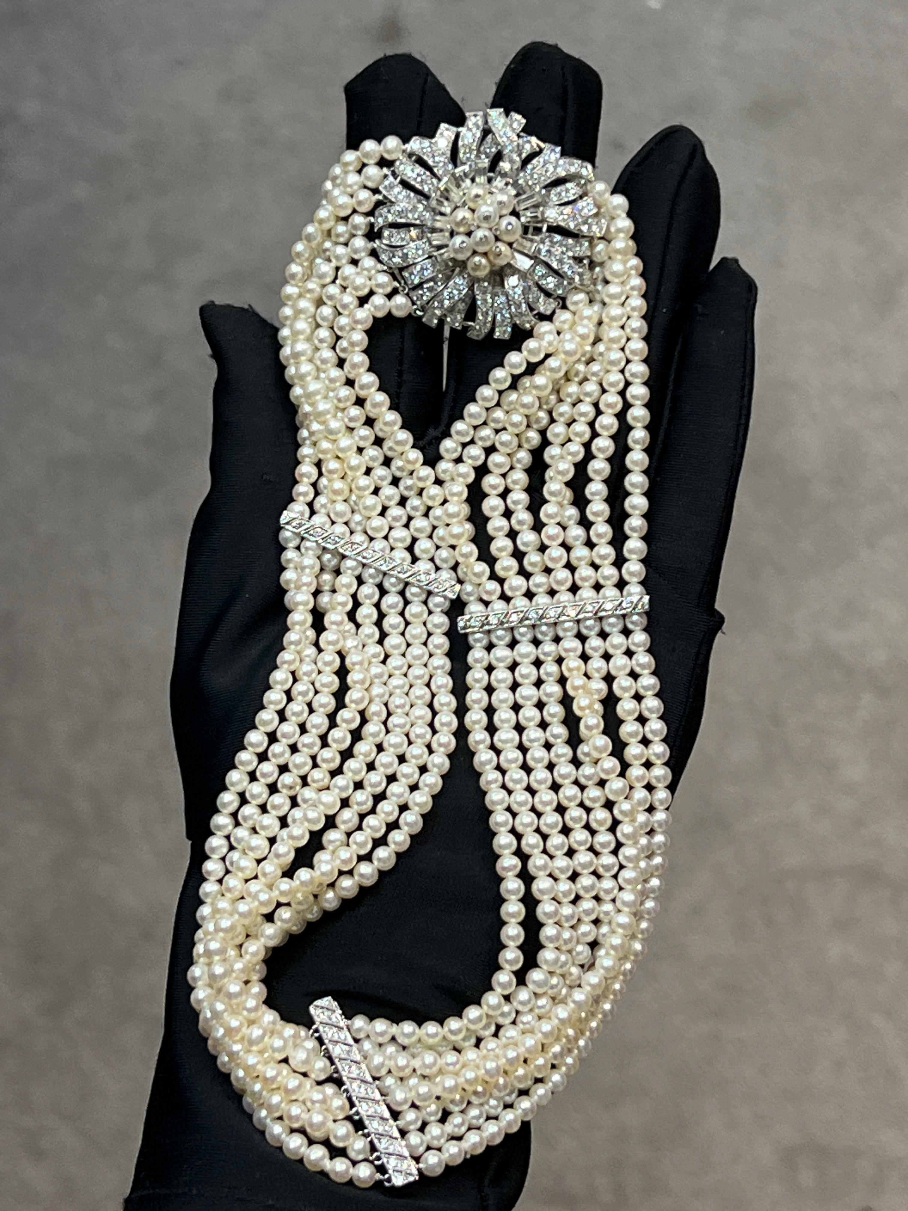 Taglio misto Collana girocollo con perle e diamanti a più fili in vendita