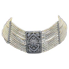 Multi Strand Pearl & Diamond Choker Necklace