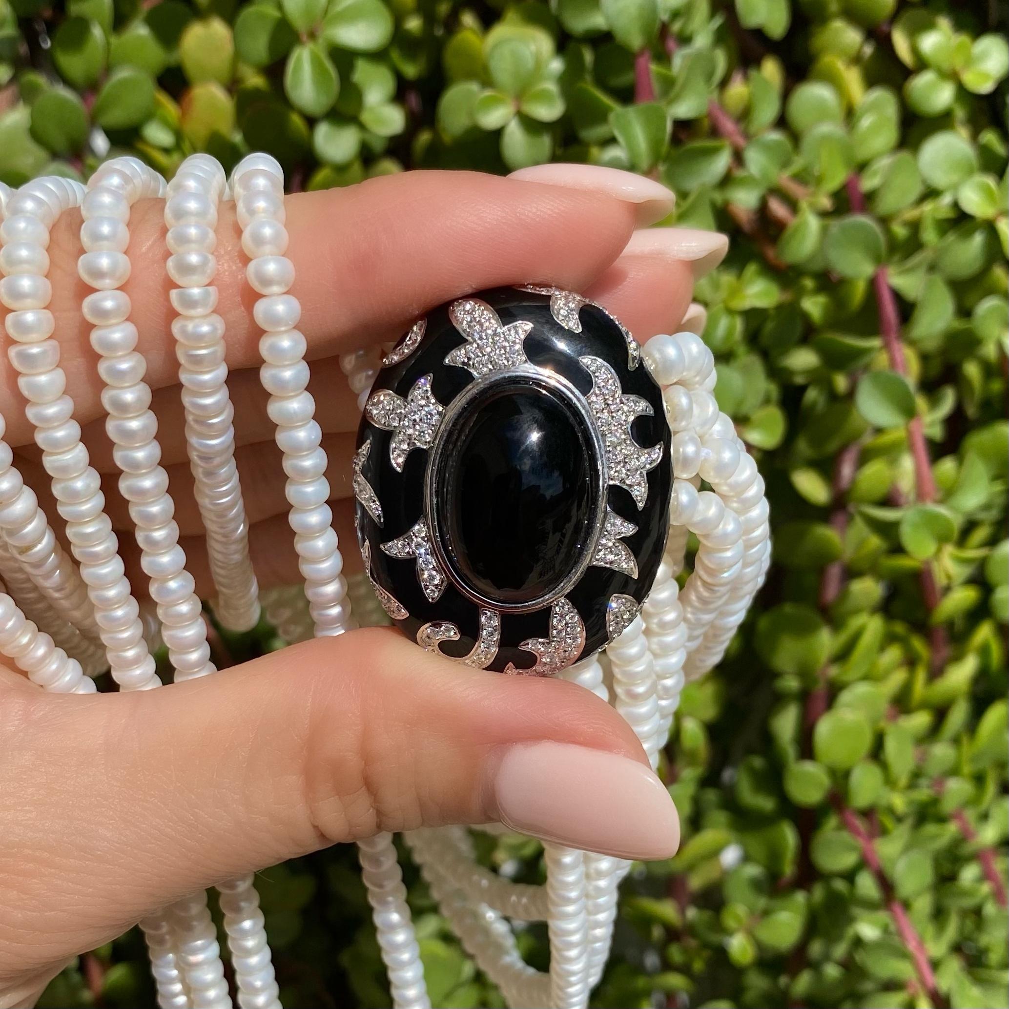 Modernist Multi Strand Pearl Diamond Onyx and Black Enamel Gold Designer Necklace For Sale