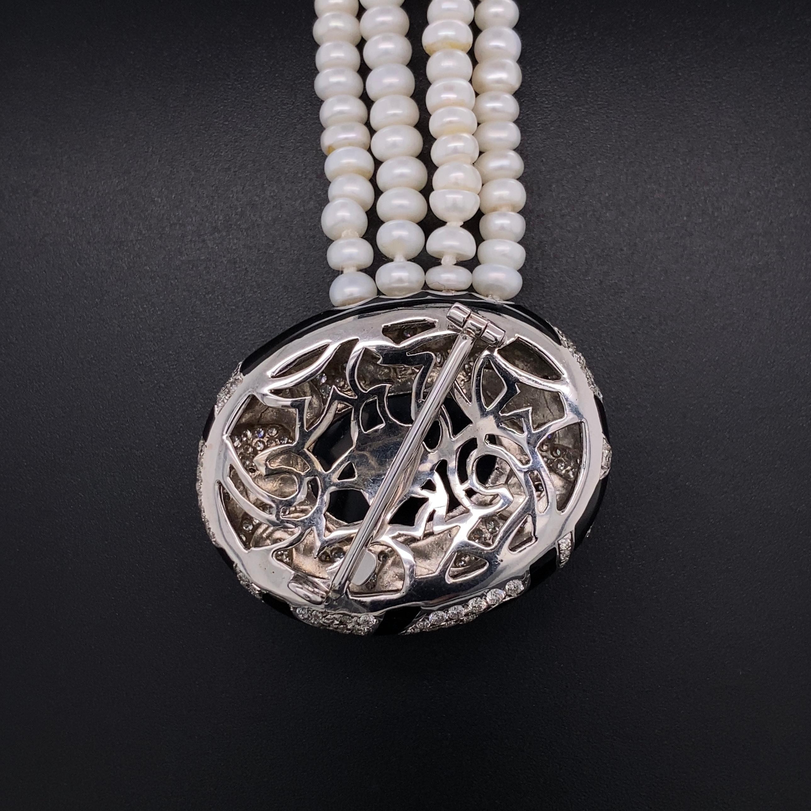 Mehrreihige Designer-Halskette aus Perlen, Diamanten, Onyx, schwarzer Emaille und Gold (Gemischter Schliff) im Angebot