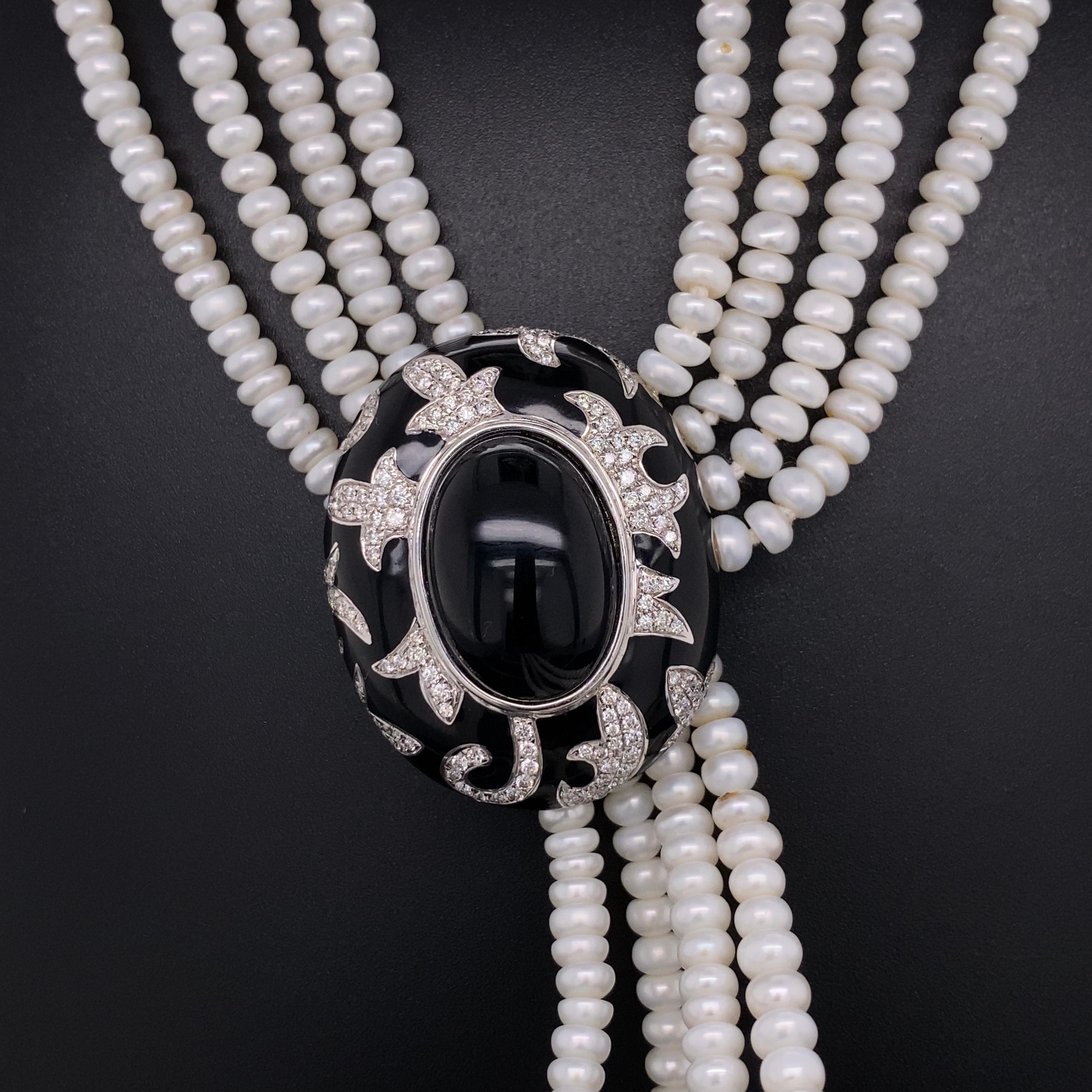 Women's Multi Strand Pearl Diamond Onyx and Black Enamel Gold Designer Necklace For Sale