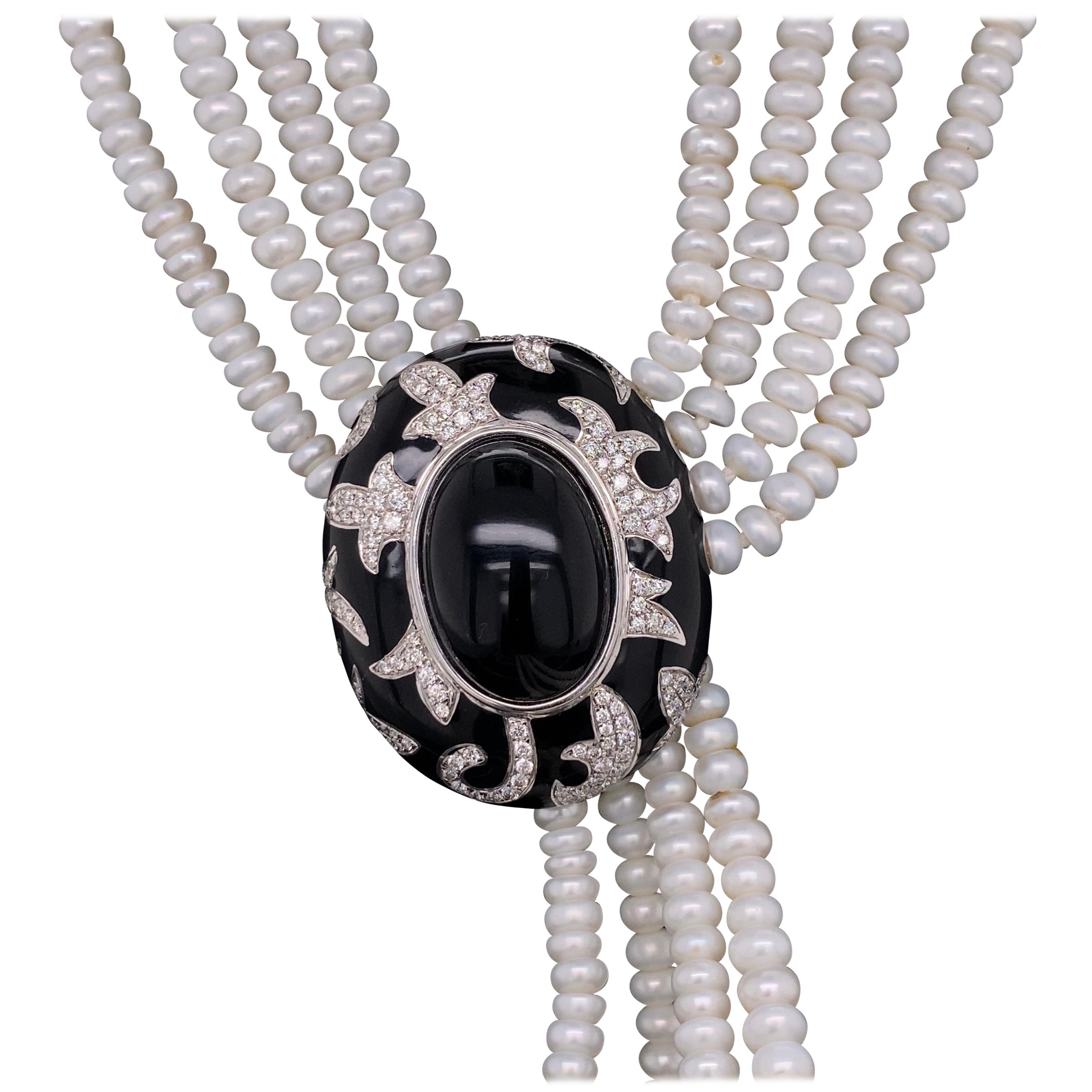 Mehrreihige Designer-Halskette aus Perlen, Diamanten, Onyx, schwarzer Emaille und Gold