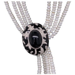 Mehrreihige Designer-Halskette aus Perlen, Diamanten, Onyx, schwarzer Emaille und Gold