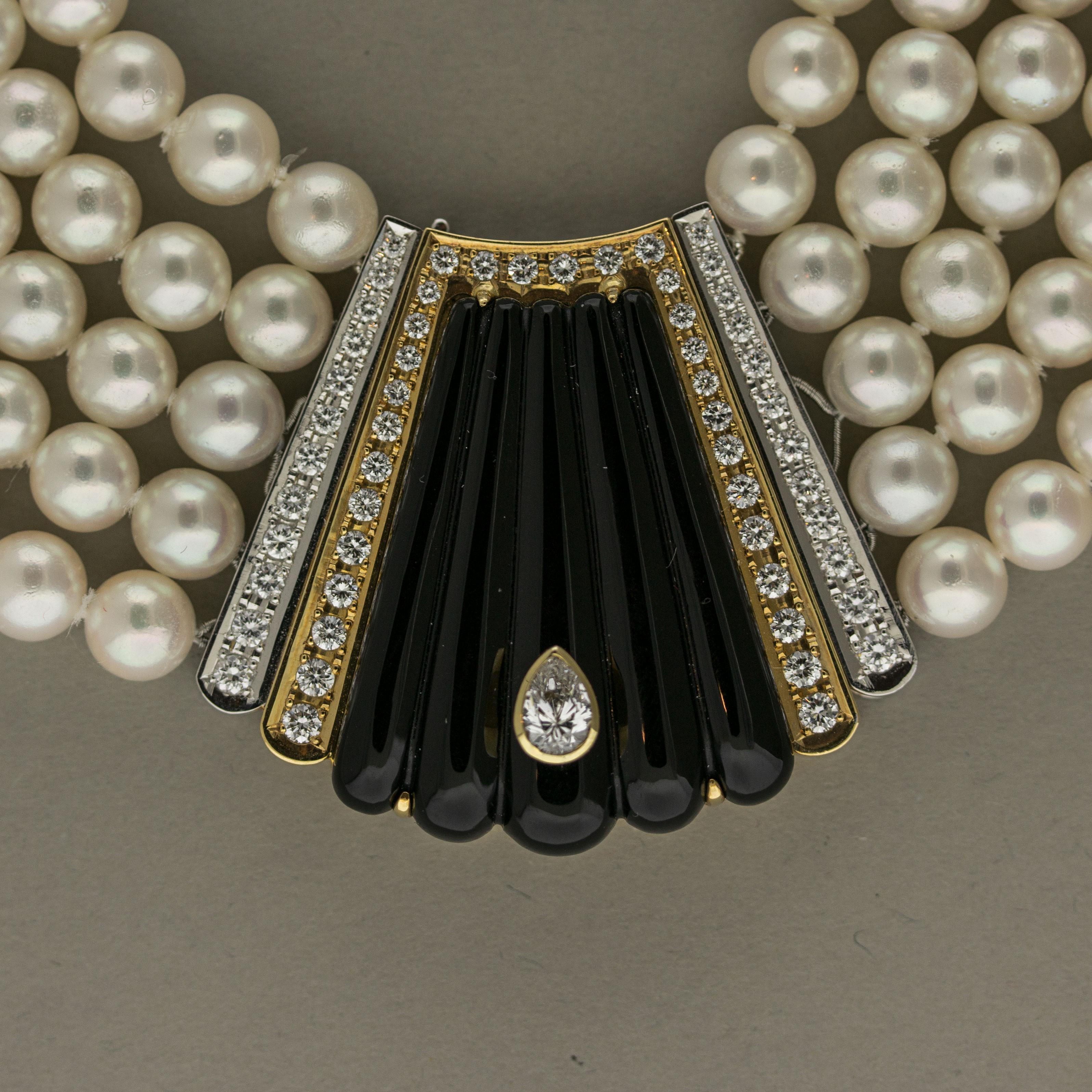 Round Cut Multi-Strand Pearl Diamond Onyx Gold-Platinum Necklace