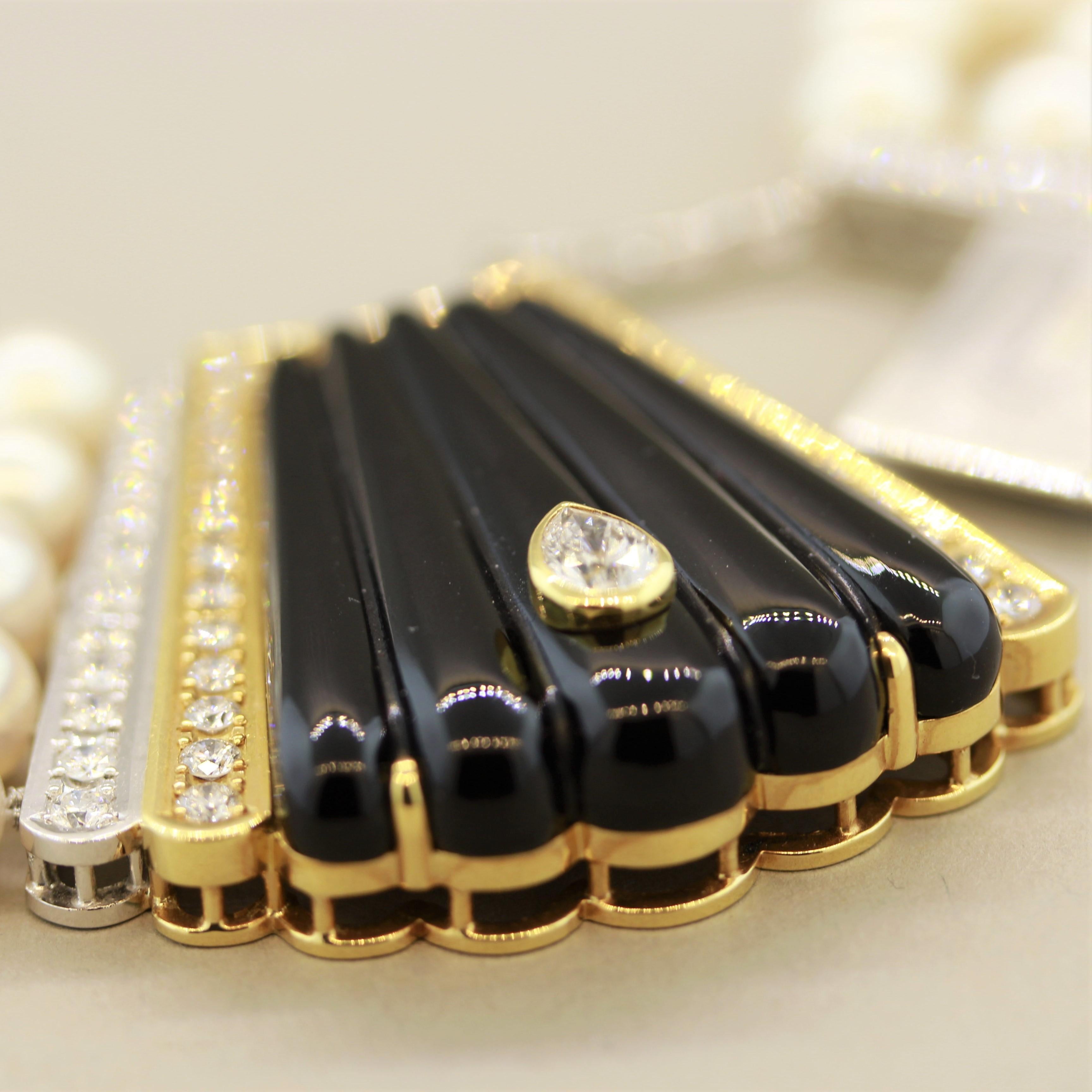 Women's Multi-Strand Pearl Diamond Onyx Gold-Platinum Necklace