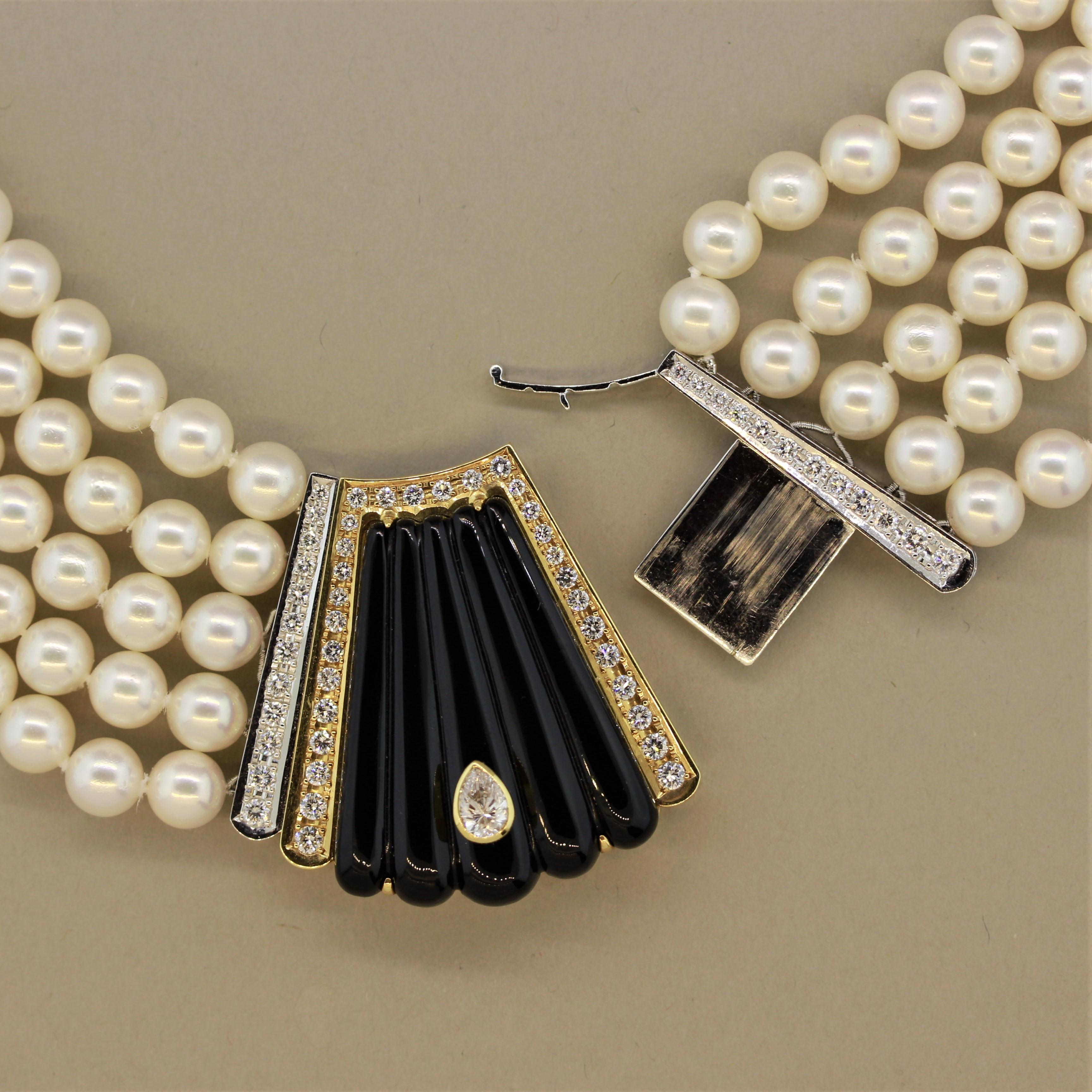 Multi-Strand Pearl Diamond Onyx Gold-Platinum Necklace 1