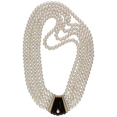 Multi-Strand Pearl Diamond Onyx Gold-Platinum Necklace