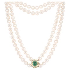 Multi-Strand Pearl Necklace with Columbian Emerald and Diamonds
