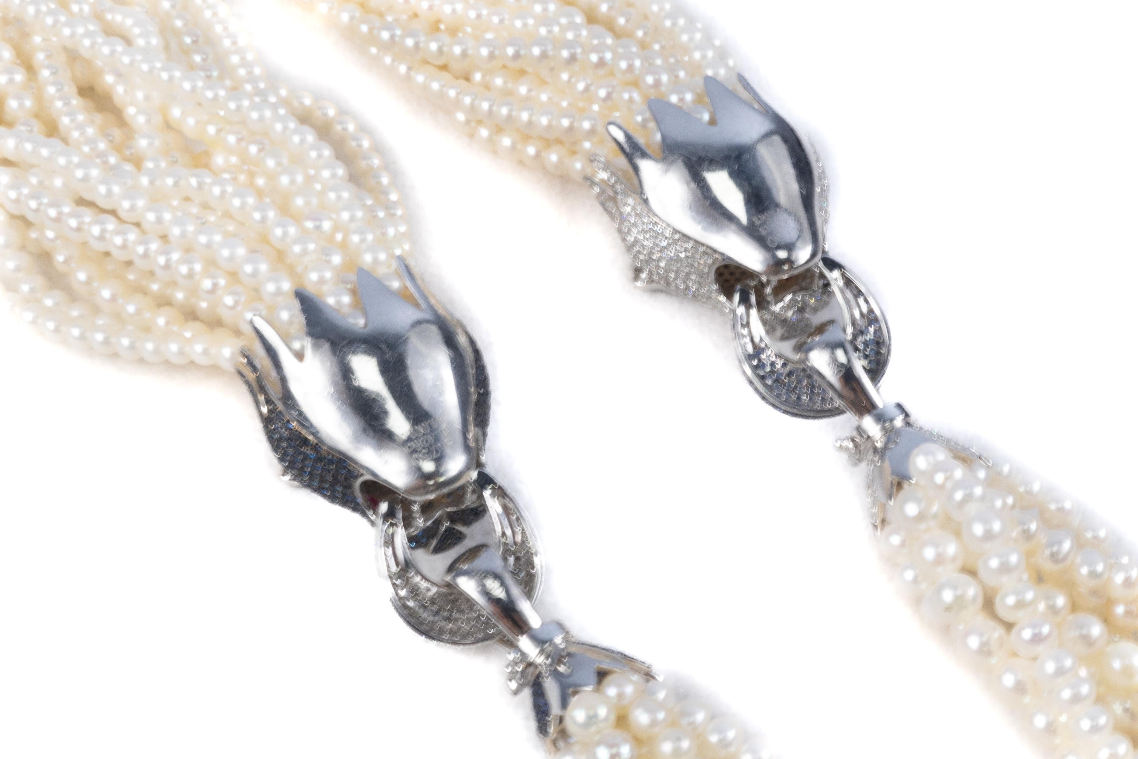 Retro Multi-Strand Pearl Necklace with Diamond, Sapphire, and Ruby Panther Clasps For Sale