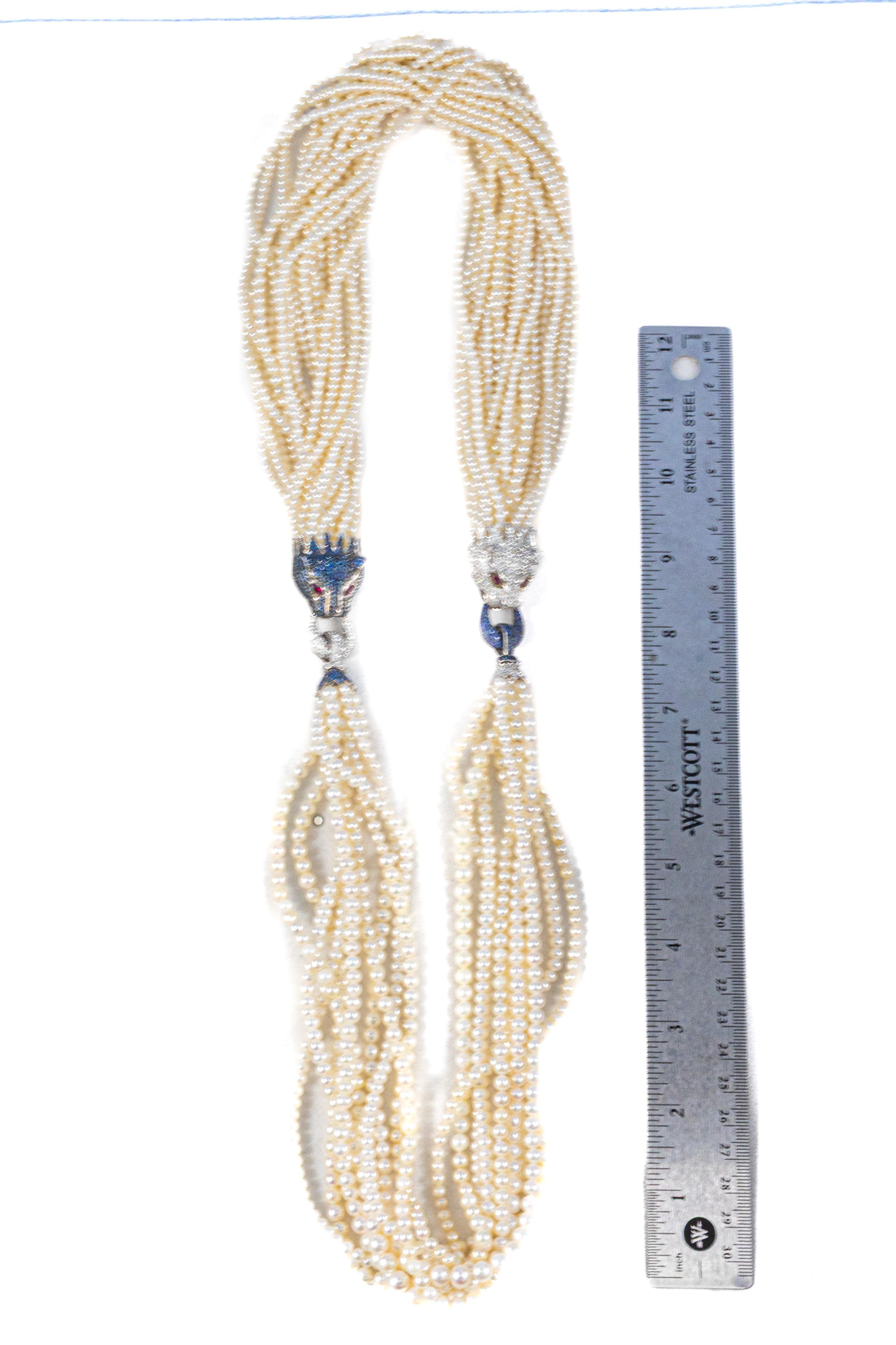 Round Cut Multi-Strand Pearl Necklace with Diamond, Sapphire, and Ruby Panther Clasps For Sale