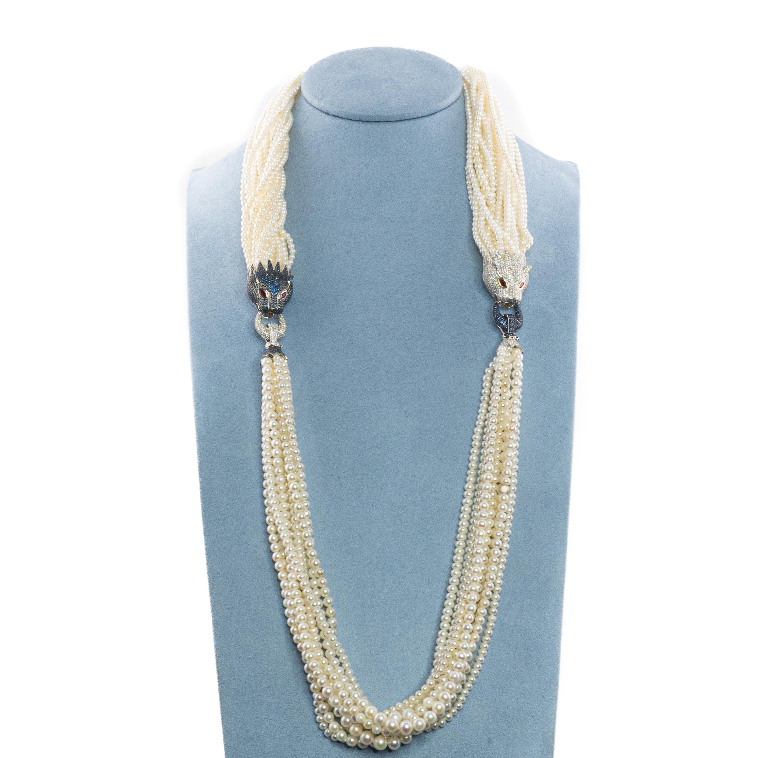 Multi-Strand Pearl Necklace with Diamond, Sapphire, and Ruby Panther Clasps In Excellent Condition For Sale In New York, NY