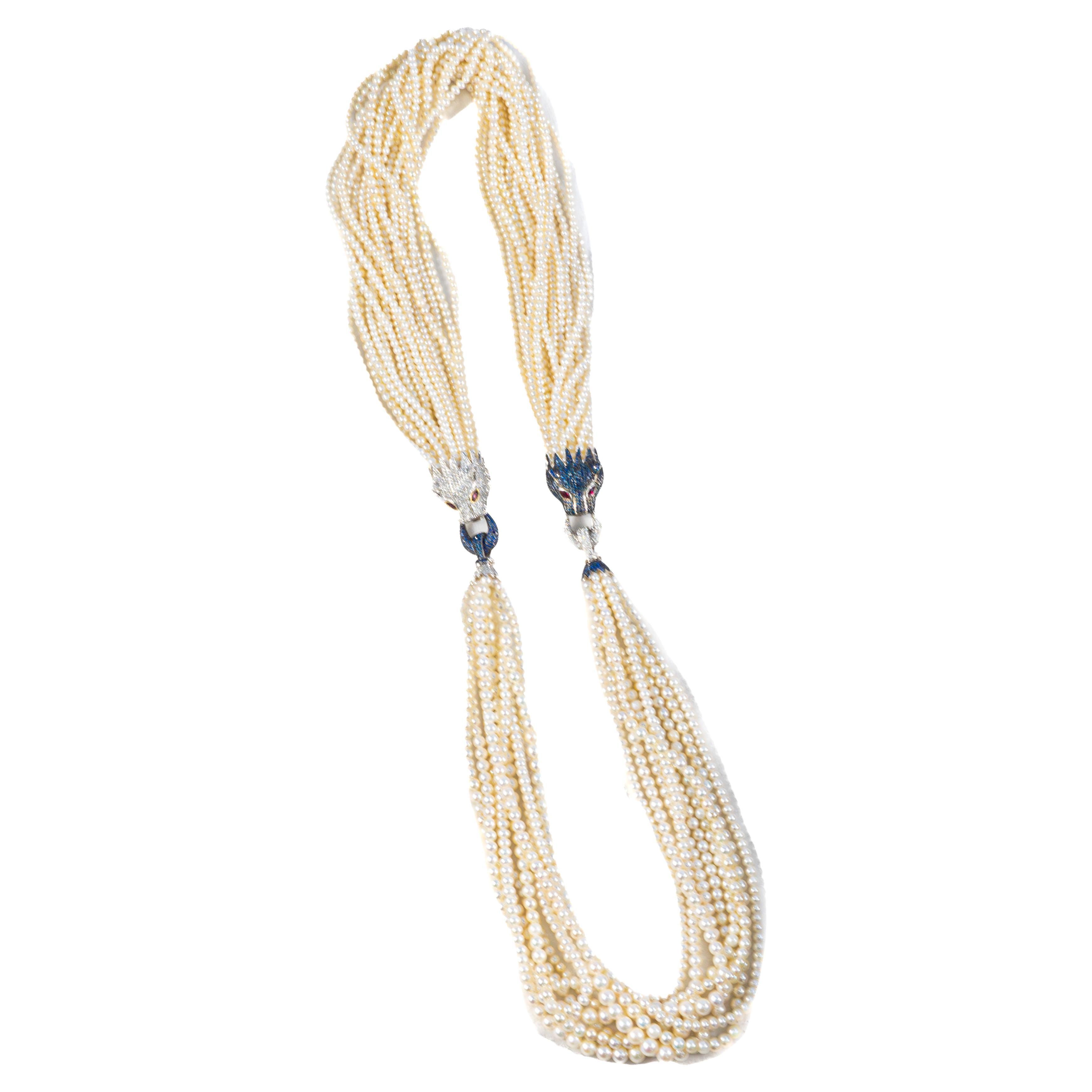 Collier de perles multibrins avec fermoirs panthère en diamant, saphir et rubis