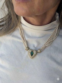 Multi-Strand Pearl Necklace with Zambian Emerald and Diamond Heart Clasp