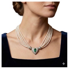 Multi-Strand Pearl Necklace with Zambian Emerald and Diamond Heart Clasp