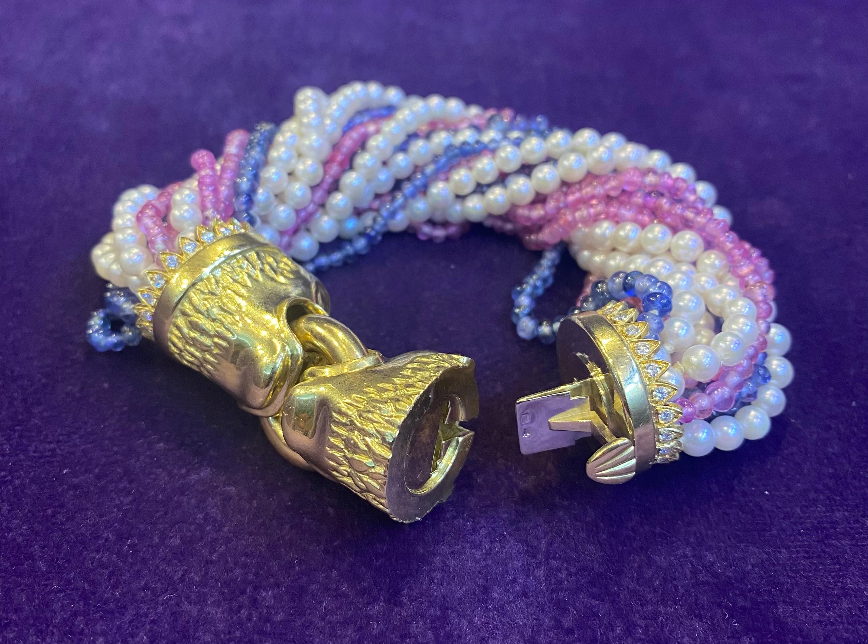 Multi Strand Pearl Ruby & Sapphire Lion Head Bracelet For Sale 3