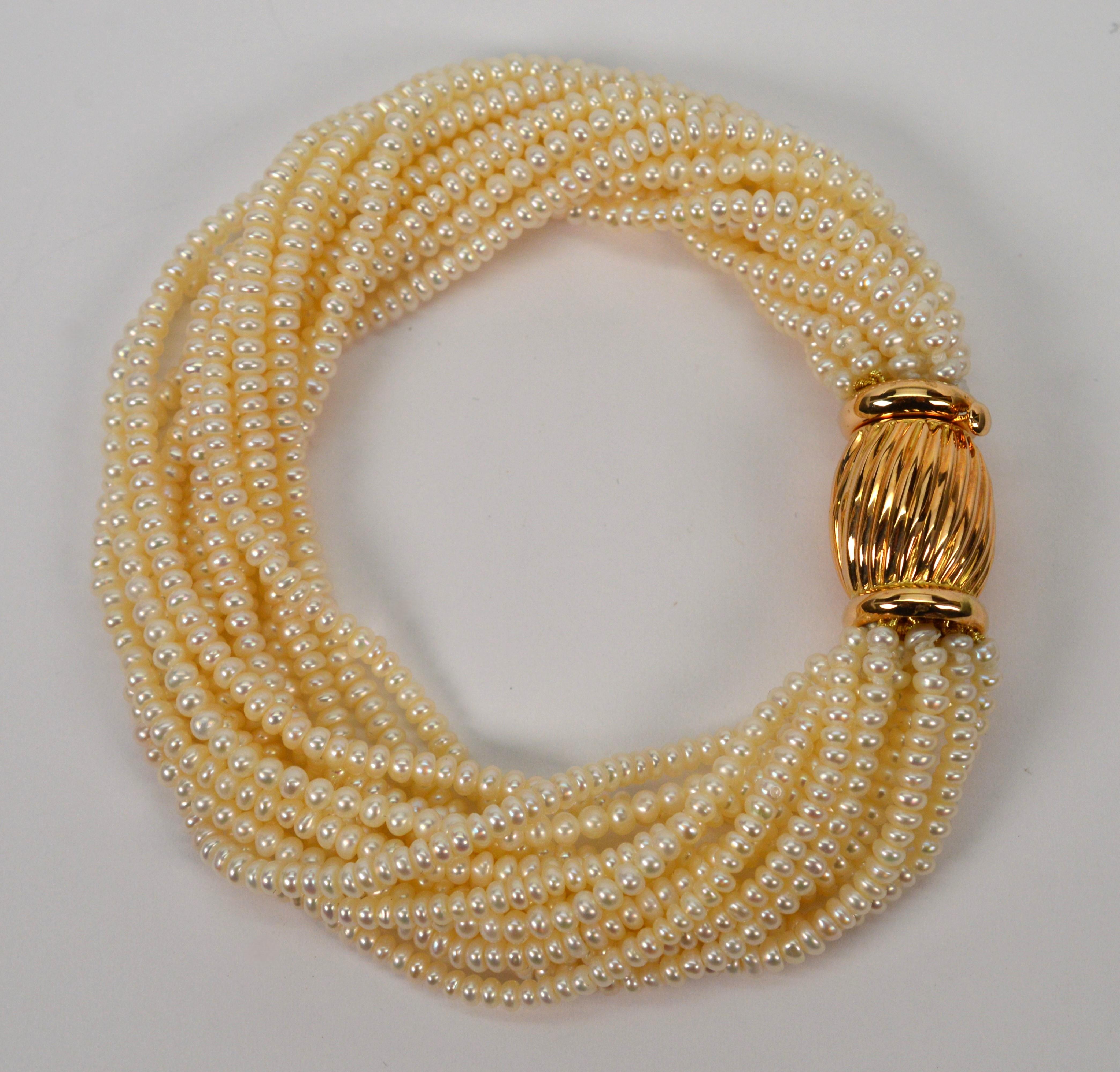 Multi Strand Pearl Twist Bracelet with Decorative 14K Yellow Gold Bow Tie Clasp For Sale 5