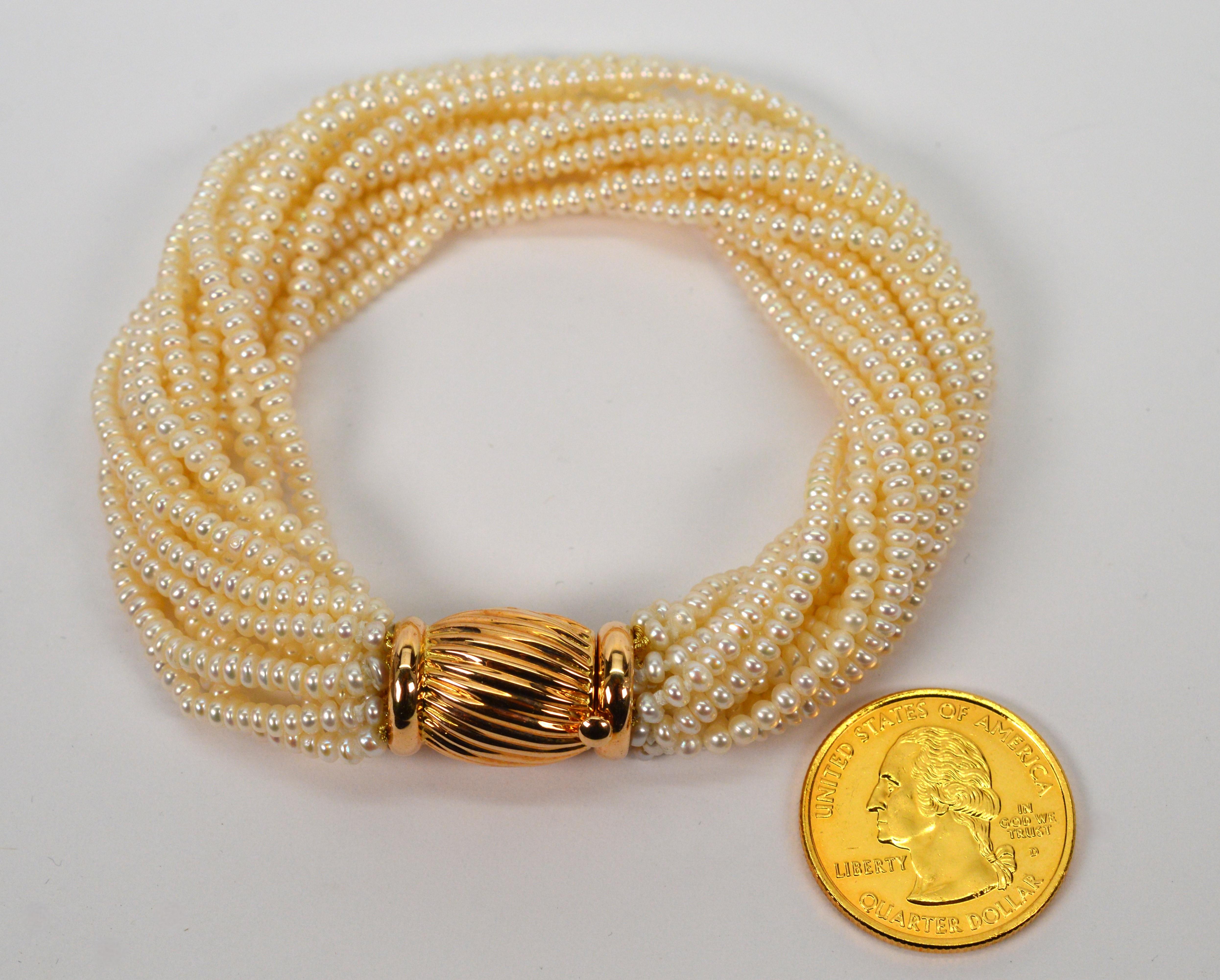 Multi Strand Pearl Twist Bracelet with Decorative 14K Yellow Gold Bow Tie Clasp For Sale 3